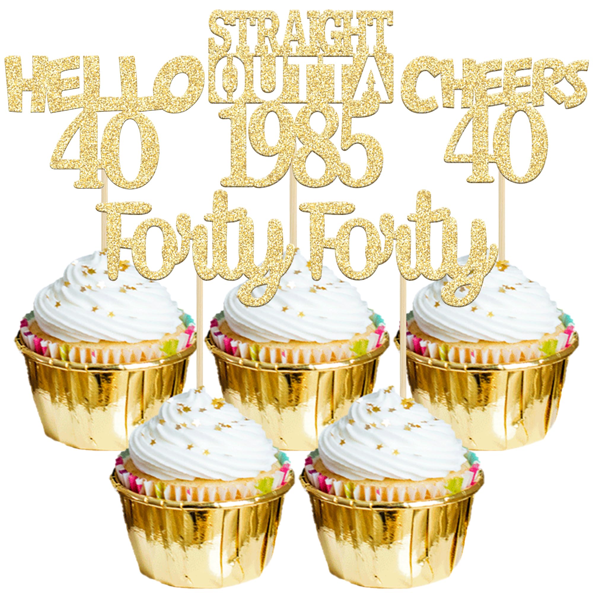 Gyufise 24 Pack 40th Birthday Cupcake Toppers - Gold Glitter 'Forty Straight Outta 1985' & 'Hello 40' Cake Decorations for Anniversary Parties - Cheers to 40 Years Celebration Supplies (Perfect for Milestone Birthdays, Retirement Parties & Decadent Dessert Displays)