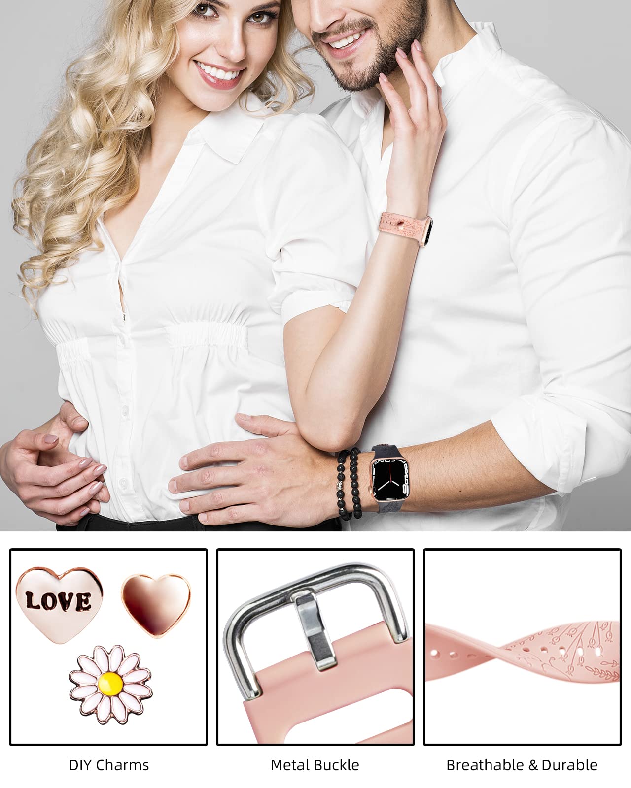Floral Engraved Apple Watch Bands with Charms - Soft Sport Silicone Replacement Strap for iWatch Series SE/8/7/6/5/4/3/2/1 - 38mm 40mm 41mm Women's Wristbands - Perfect for Workouts, Daily Wear & Fashion Accessories