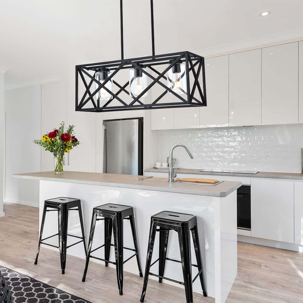 3-Lights Black Kitchen Island Pendant Lighting, Modern Dining Room Chandelier with Clear Glass Shades - Perfect for Kitchen Counter, Breakfast Bar, and Dining Table Lighting