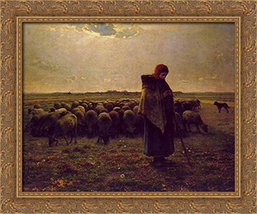 Shepherdess With Her Flock by Jean-Francois Millet - 24x20 Inch Gold Ornate Wood Framed Canvas Art Print - Perfect for Living Room, Bedroom or Office Wall Decor