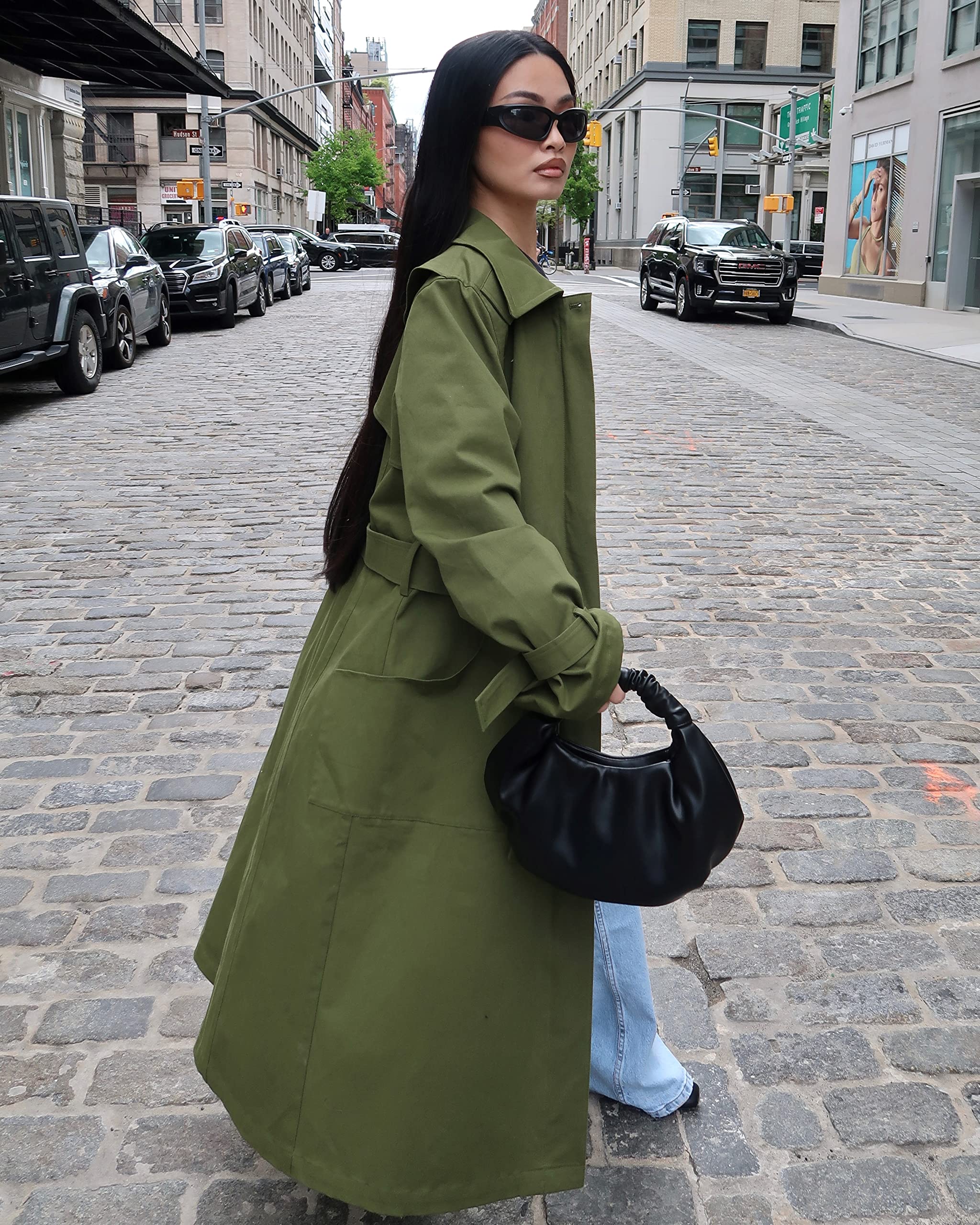 The Drop Women's Avocado Green Layered Trench Coat by @amazonthedrop | Stylish Waterproof Jacket for Fall & Spring | Perfect for Work, Travel & Casual Outfits
