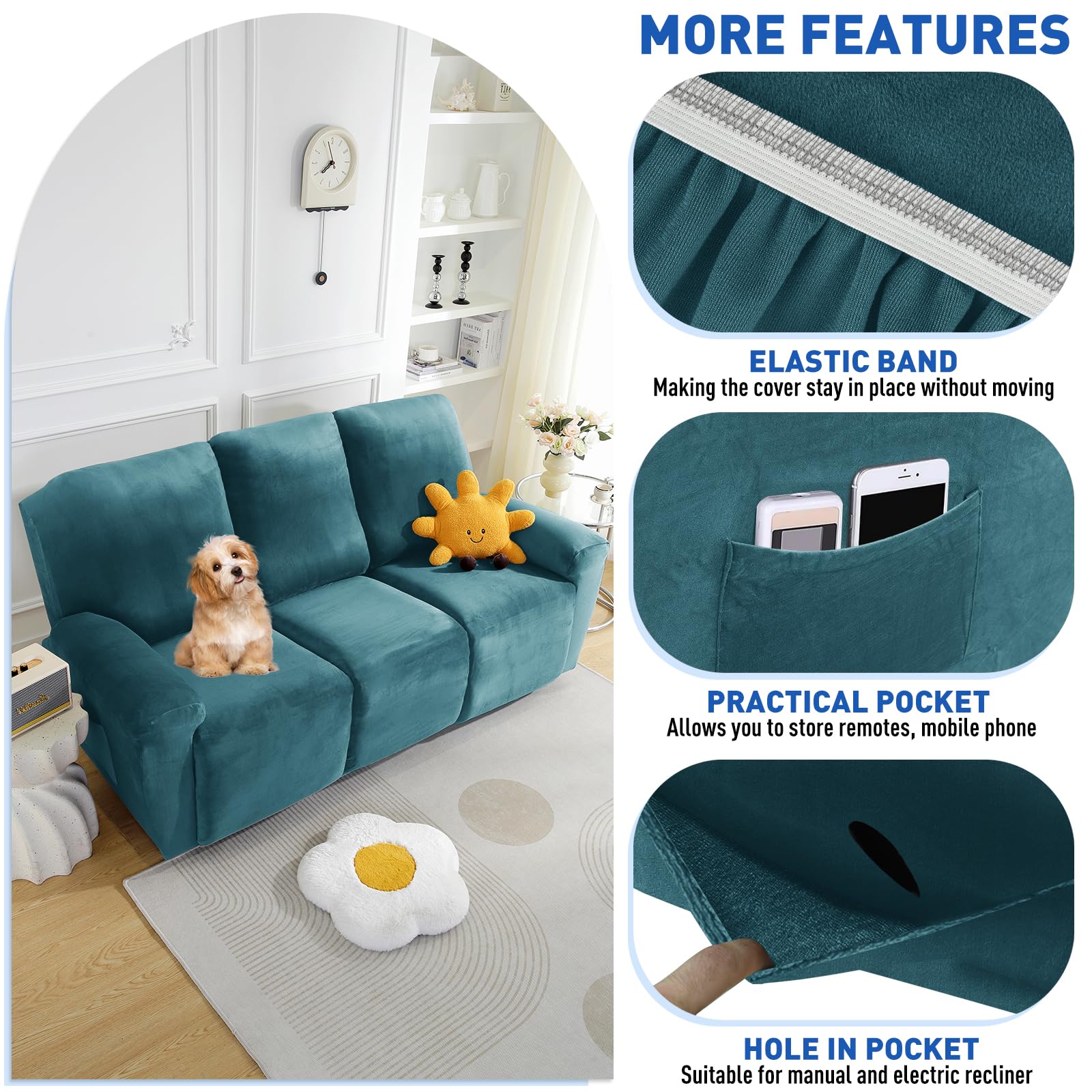 MAXIJIN 8-Piece Stretch Velvet Recliner Sofa Covers - Soft, Thick & Washable Slipcovers for 3-Cushion Reclining Couches (Peacock Blue) - Perfect for Living Room, Home Theater & Family Room Furniture Protection