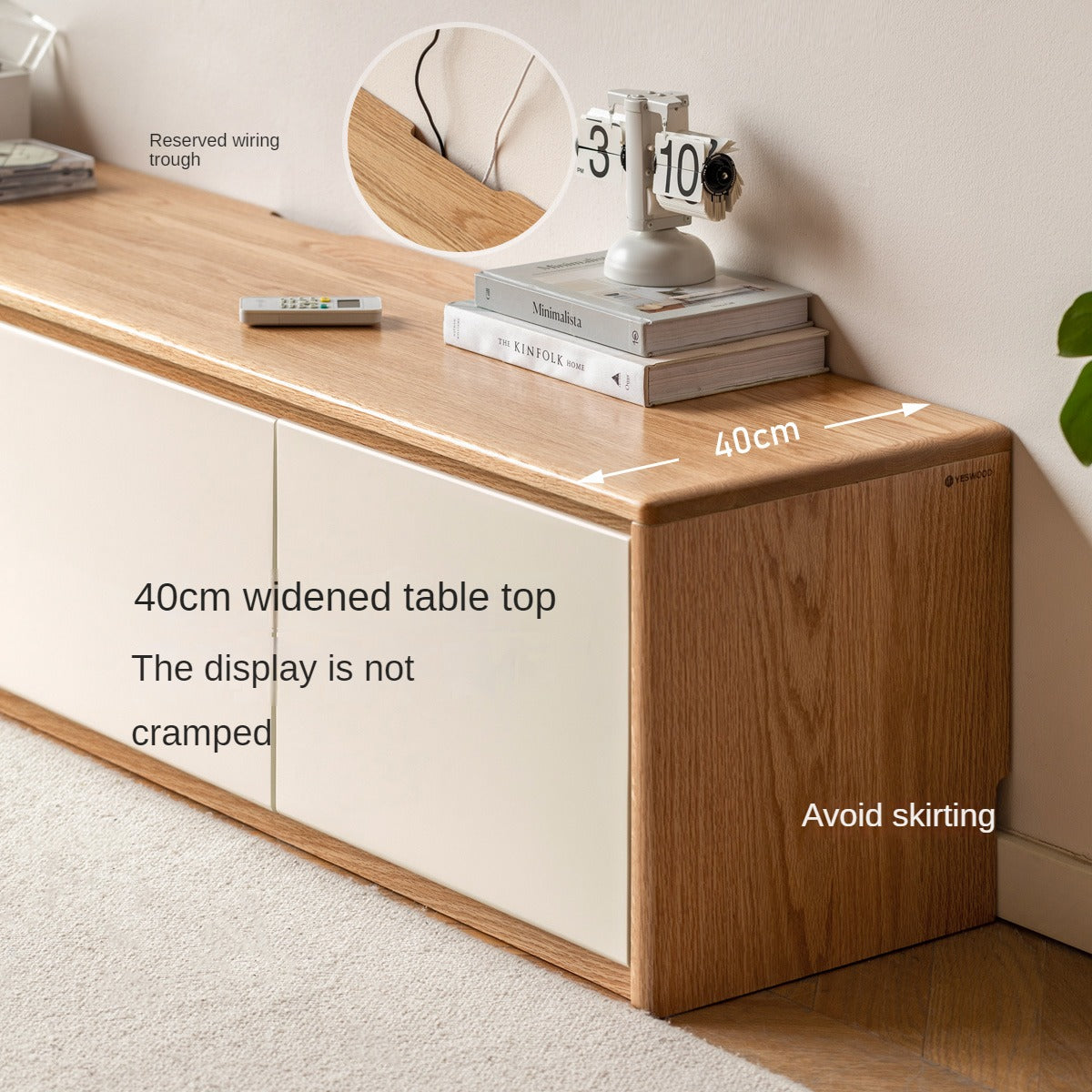 Solid Oak Wood Modern White Integrated Log Floor TV Stand - Stylish Storage for Living Room, Bedroom & Home Theater