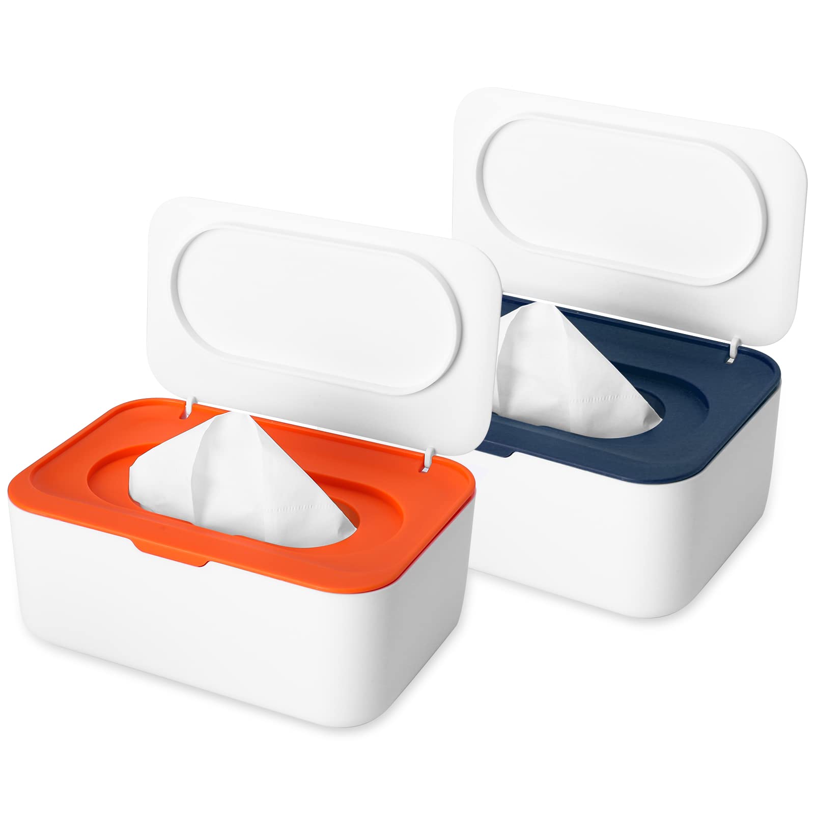 Caromoriber 2-Pack Dustproof Wipes Dispenser - Large Capacity Wet Tissue Box with Secure Lid for Baby Wipes & Tissues | Keeps Wipes Fresh for Home, Office, Nursery & Travel (Blue + Orange)