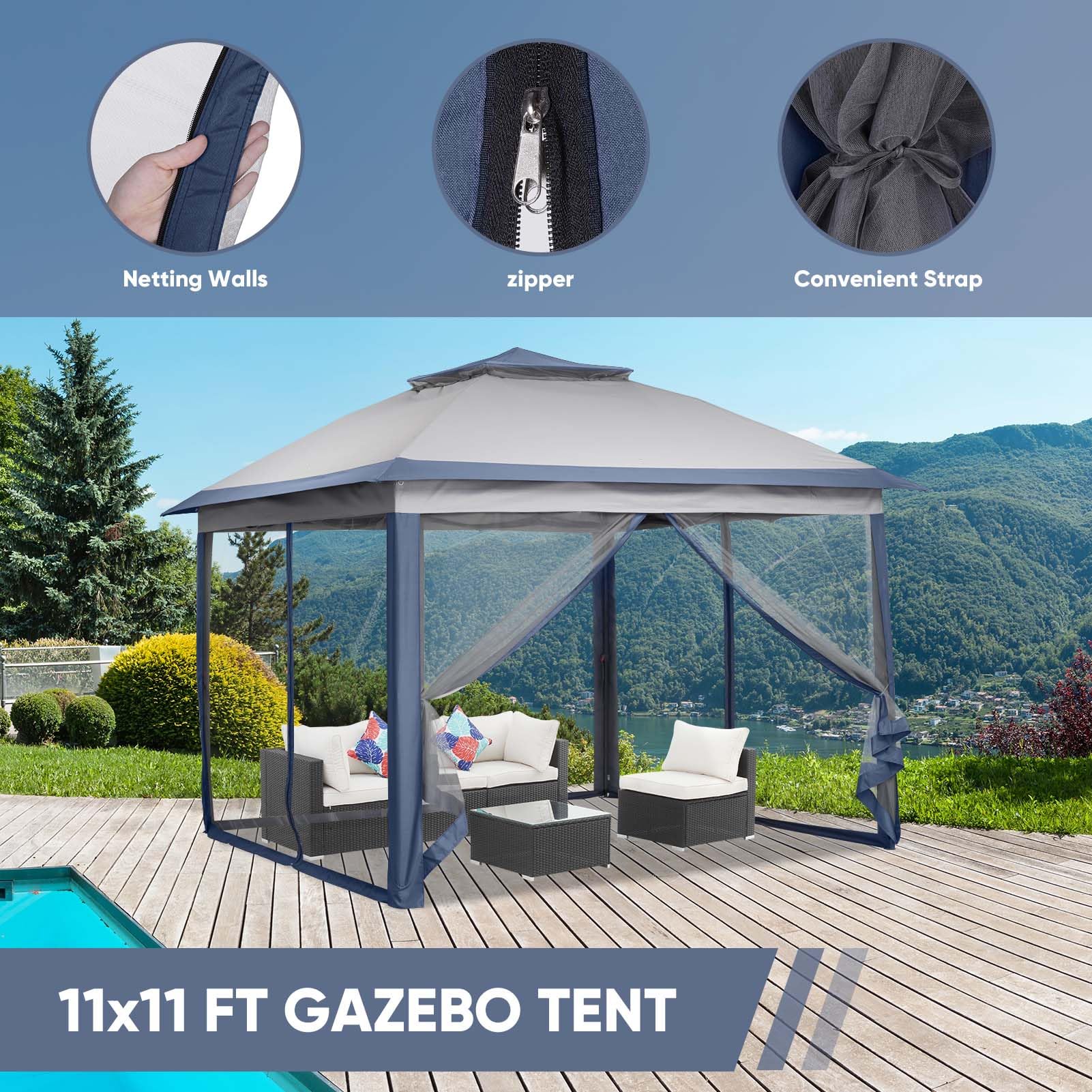 11x11 FT Heavy Duty Gazebo Tent with Mosquito Netting - Adjustable Height Folding Canopy for Outdoor Parties, Patio, Backyard & Garden - Perfect for BBQs, Camping & Summer Gatherings