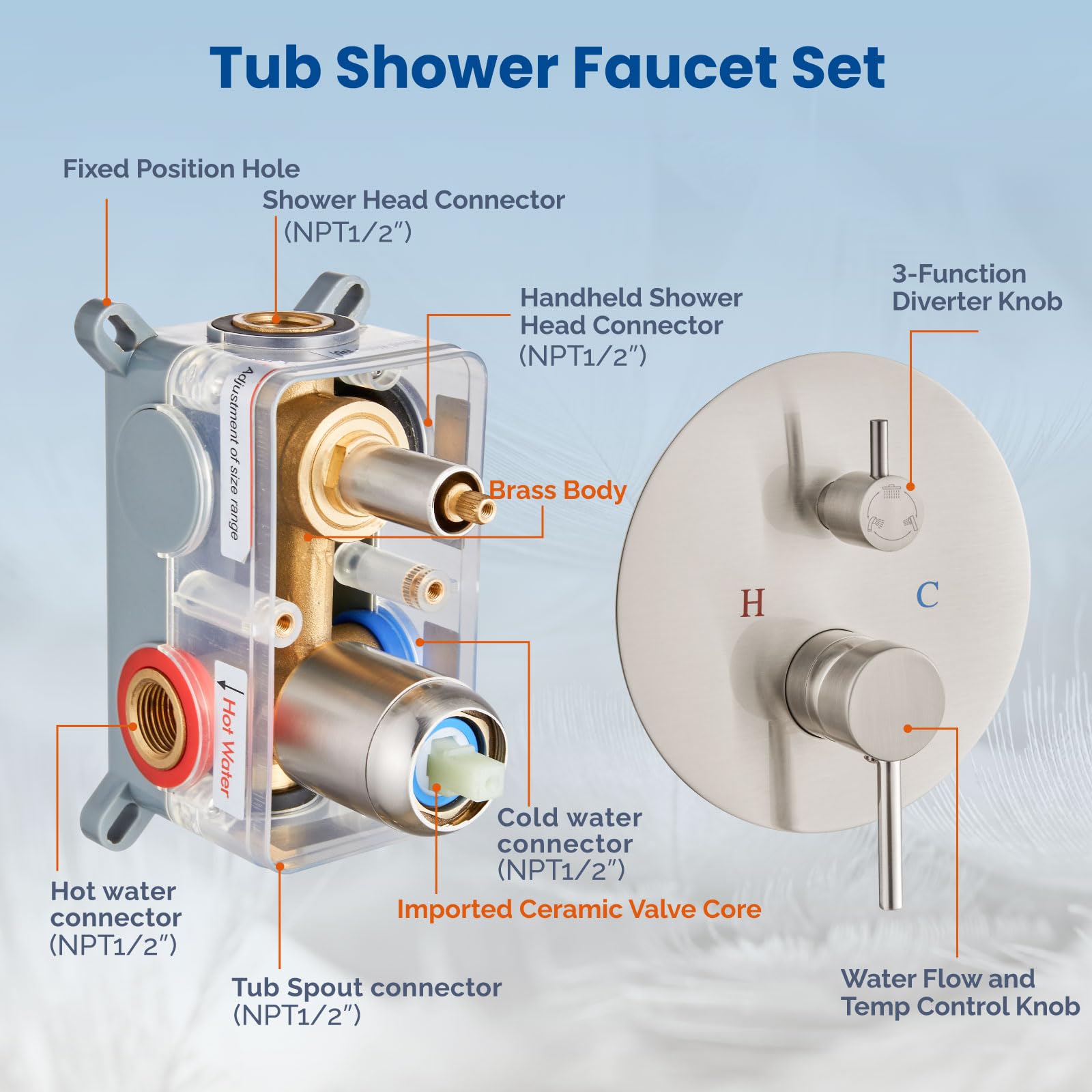Airuida 12-Inch Round Shower System Set - Brushed Nickel Wall Mount 3-Function Rain Shower Faucet with Tub Spout & 2-Function Handheld Shower - Perfect for Bathroom Renovation and Modern Home Spa Experience