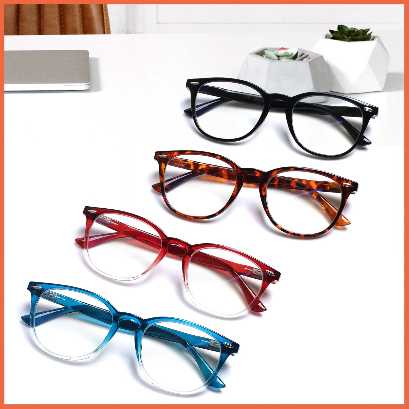 Henotin 6 Pack Blue Light Blocking Reading Glasses for Women & Men - Stylish Computer Readers with Leather Case - Perfect for Office Work, Gaming & Screen Time