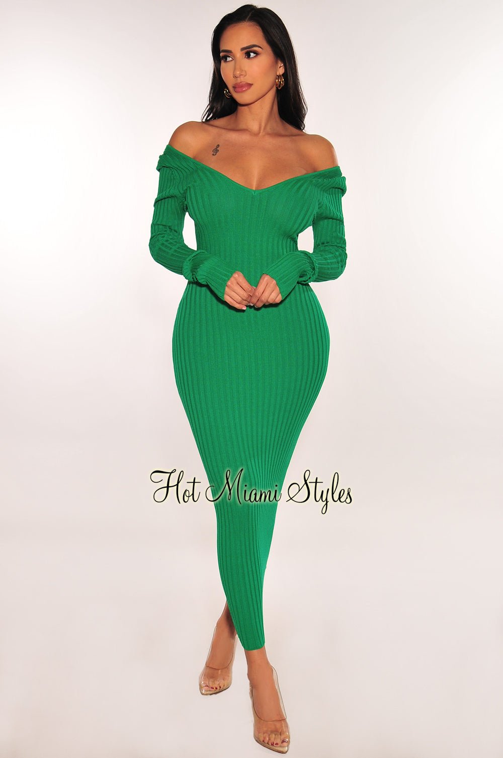 Stylish Green Ribbed Knit Long Sleeve Dress for Women - Perfect for Fall Fashion, Date Nights & Office Wear