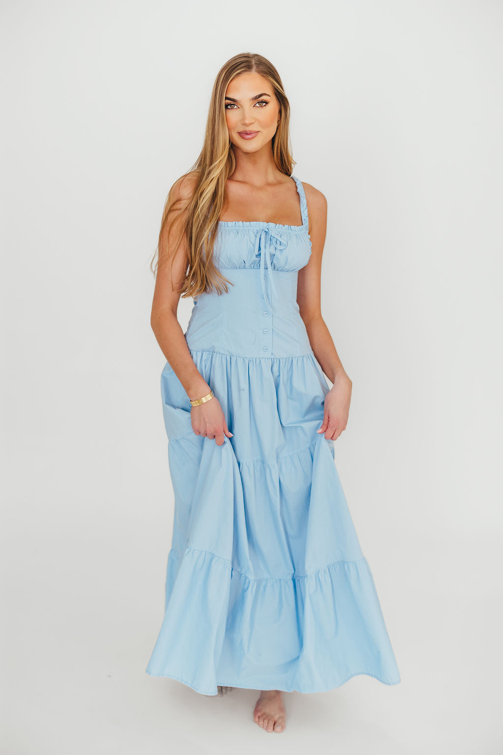 Light Blue Sutton Corset Button Down Tiered Maxi Dress for Women | Flowy Summer Dress for Beach, Wedding & Special Occasions