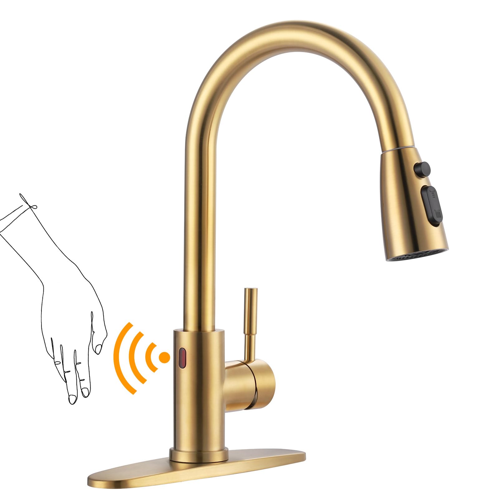 WOWOW Smart Touchless Kitchen Faucet - Stainless Steel Motion Sensor Sink Faucet with Pull Down Sprayer, Automatic Hands-Free Brushed Gold Finish for 1 or 3 Hole Installation - Perfect for Modern Kitchens, Busy Home Chefs & ADA Compliant Spaces