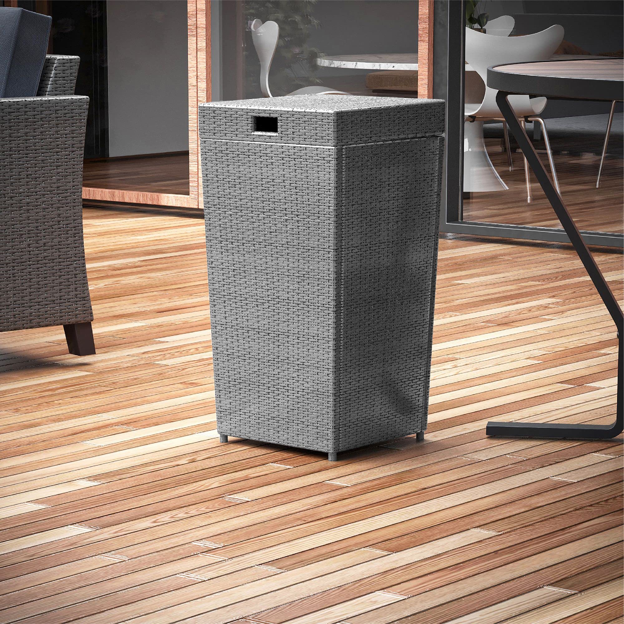 30 Gallon Grey Wicker Trash Can with Lid - Outdoor Garbage Bin for Patio, Garden, Deck & Backyard - Durable & Stylish Waste Container
