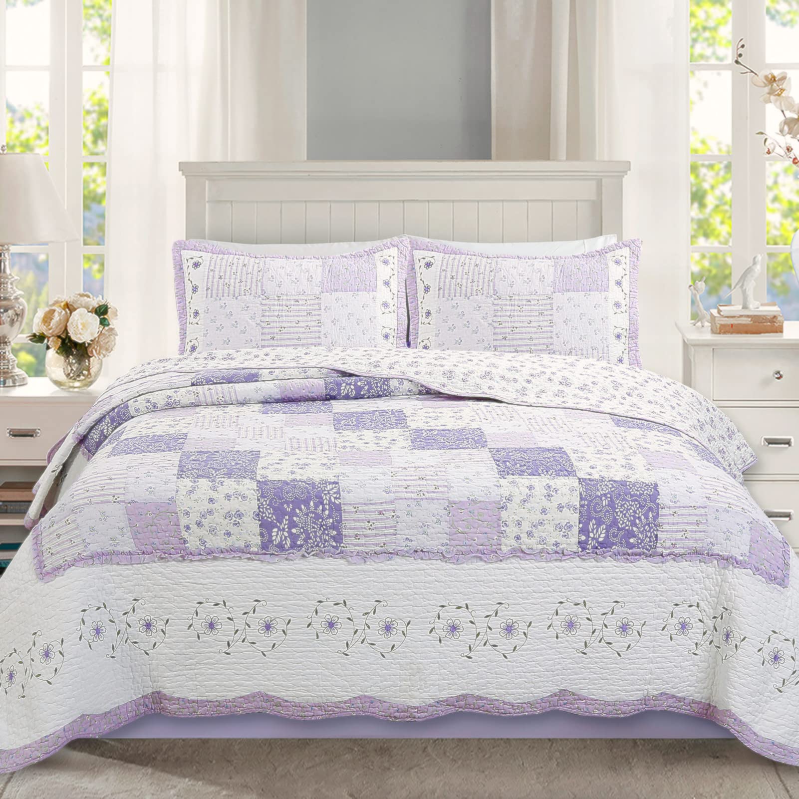 Light Purple Floral 100% Cotton Reversible Patchwork Quilt Set - Queen Size 3-Piece Bedding | Cozy Line Home Fashions | Perfect for Master Bedrooms, Guest Rooms & Cozy Farmhouse Decor