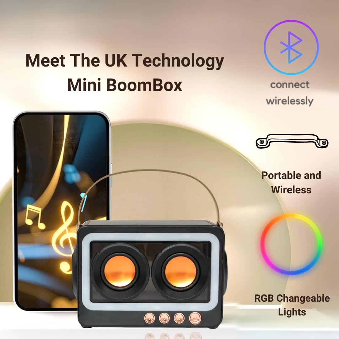 UK Technology Wireless Bluetooth Speaker with RGB Lights, Mini Portable Hi-Fi Sound, Bluetooth 5.3, Long Battery Life - Perfect for Home, Garden, and Outdoor Adventures