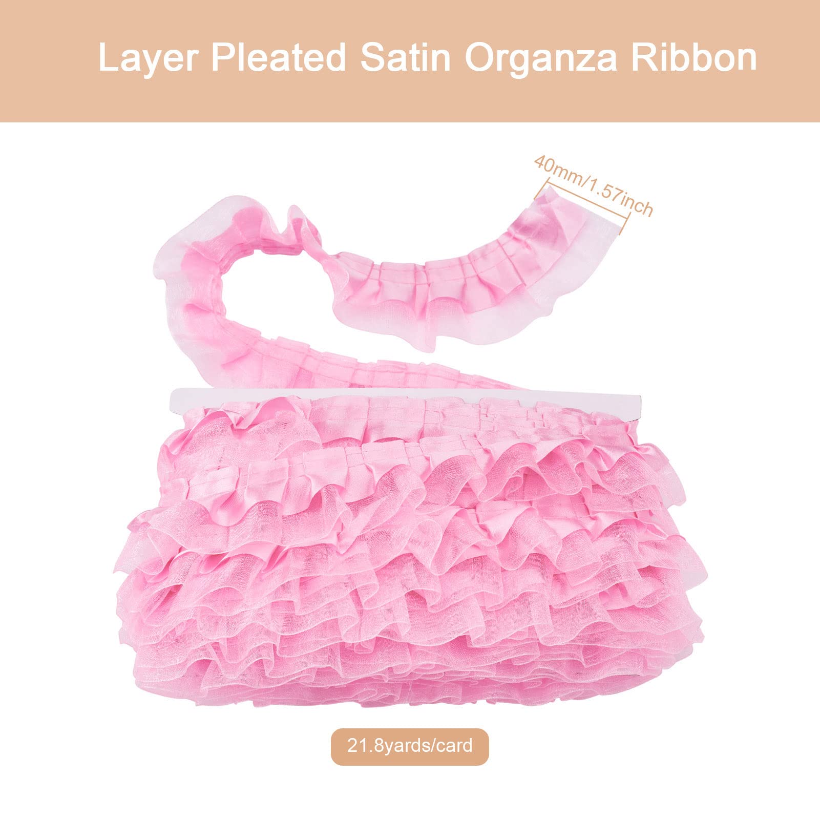 21.8 Yards Hot Pink Satin Organza Lace Edge Trim - 2-Layer Ruffled Chiffon Ribbon (1-5/8 Inch Wide) for Wedding Dresses, Party Decor & Sewing Projects - Embroidered Applique Lace Trimming for DIY Bridal Gowns, Costumes & Home Decoration