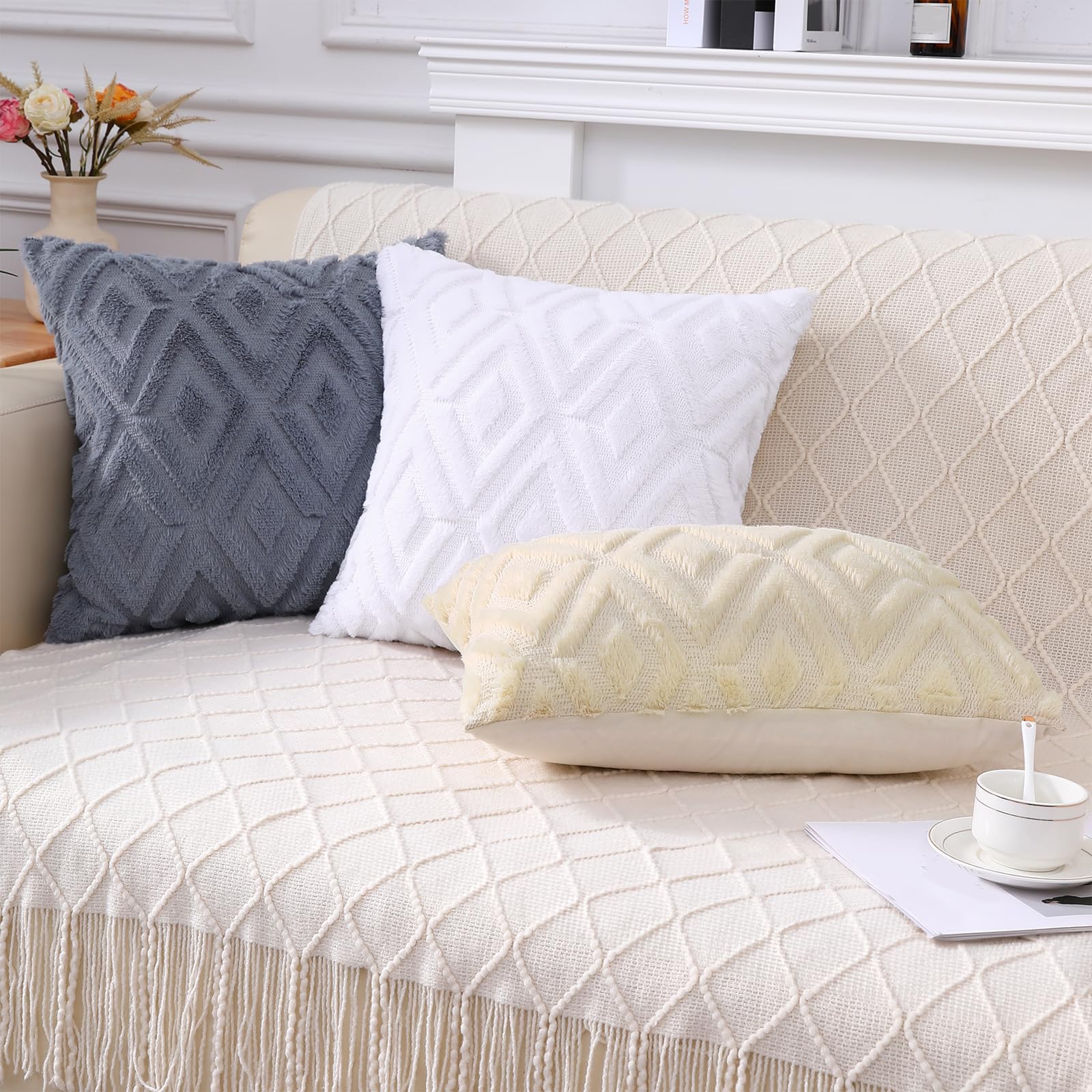 Pallene Soft Faux Fur Throw Pillow Covers 16x16 Set of 2 - Plush Wool Decorative Couch Pillow Covers for Sofa, Bed, Living Room - 3D Diamond Pattern - Pure White - Perfect for Cozy Home Decor and Winter Accents