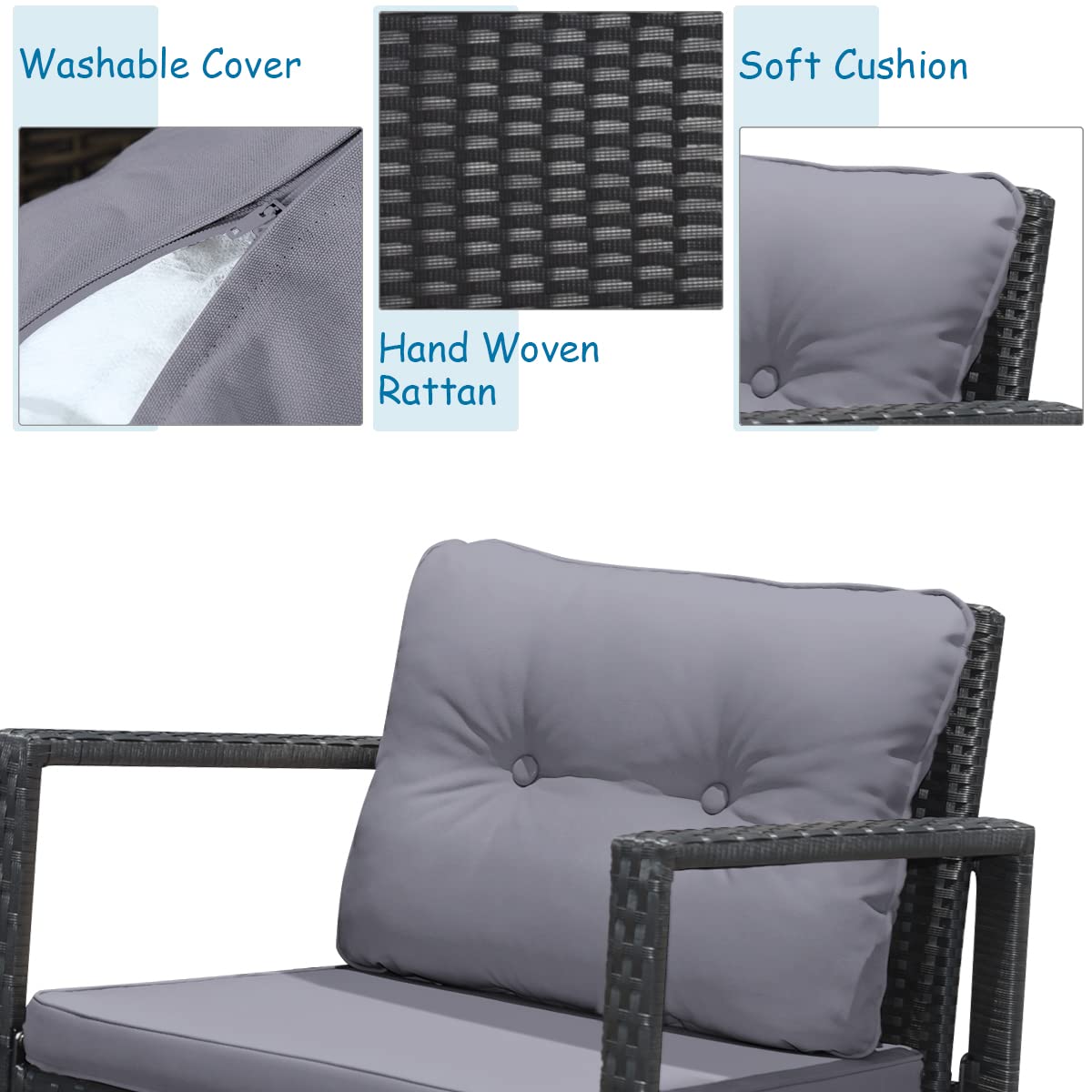 Tangkula 3-Piece Outdoor Patio Wicker Rocking Bistro Set with Cushioned Chairs, Glass Coffee Table & Storage Shelf - Gray | Perfect for Backyard, Garden, Deck or Balcony Relaxation