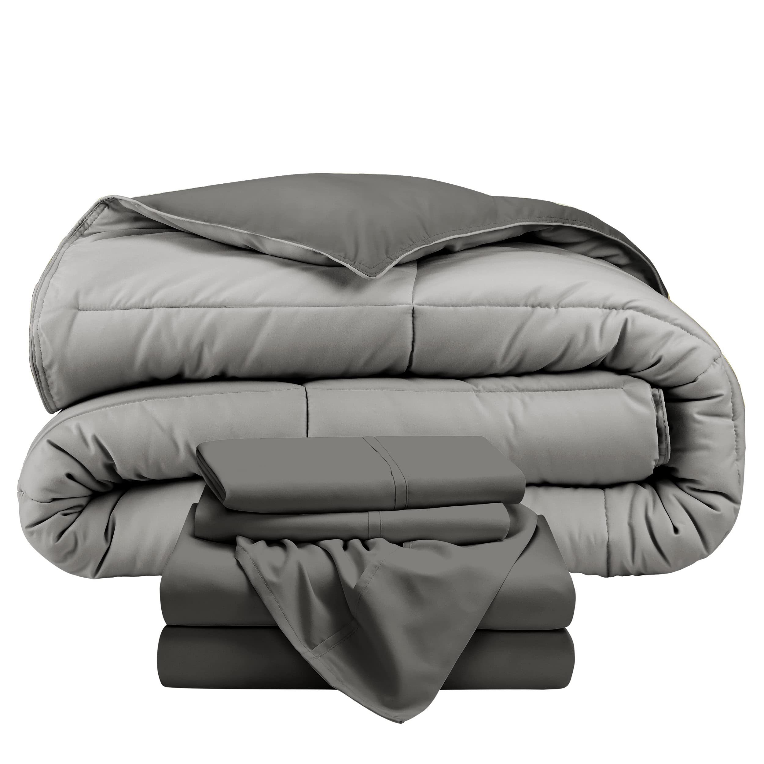 Bare Home Reversible 5-Piece Comforter & Sheet Set - California King Size - Down Alternative - Ultra Soft Bedding - Grey/Light Grey - Perfect for Master Bedroom & Guest Room Luxury Comfort