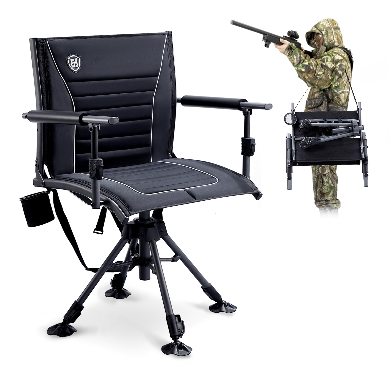 EVER ADVANCED 360° Silent Swivel Hunting Chair - Adjustable Folding Seat for Hunting Blinds, Fishing & Outdoor Activities - Supports 300lbs - Black - Perfect for Hunting, Fishing, Camping & Outdoor Relaxation