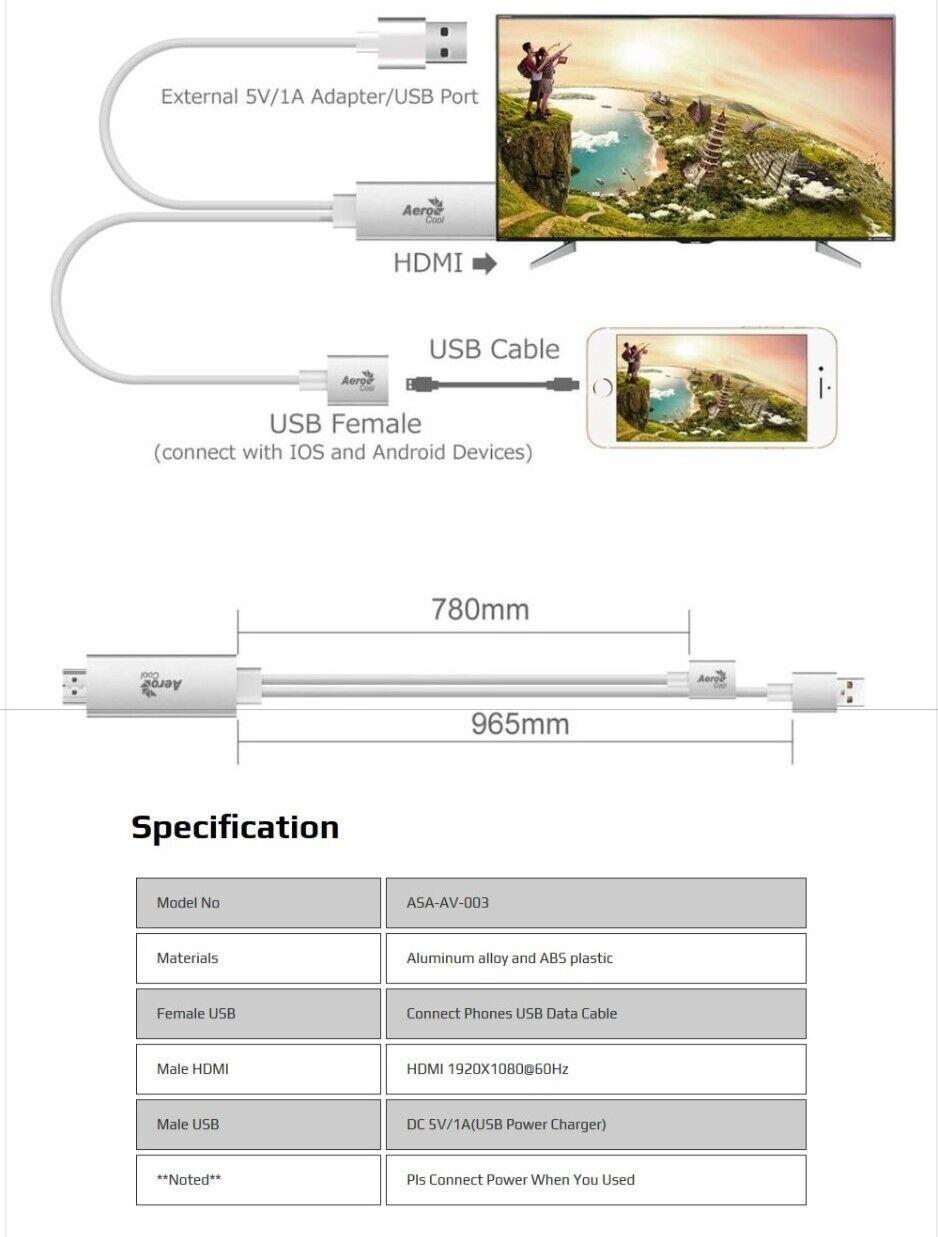 Premium AeroCool Universal USB to HDMI Cable for TV - High-Speed 4K 60Hz Support - Silver (Ideal for Home Theater, Gaming & Office Setup)