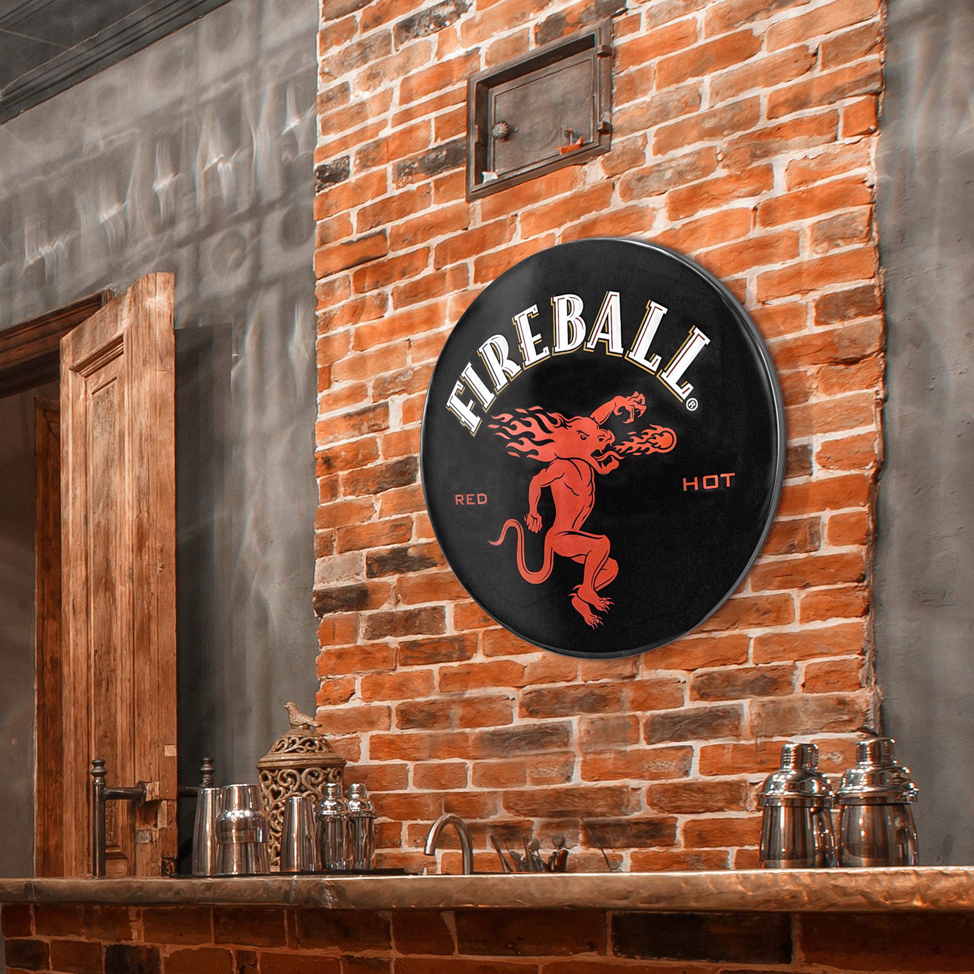 Retro Dome Metal Wall Art - Fireball Whiskey Sign for Bar, Man Cave & Home Decor