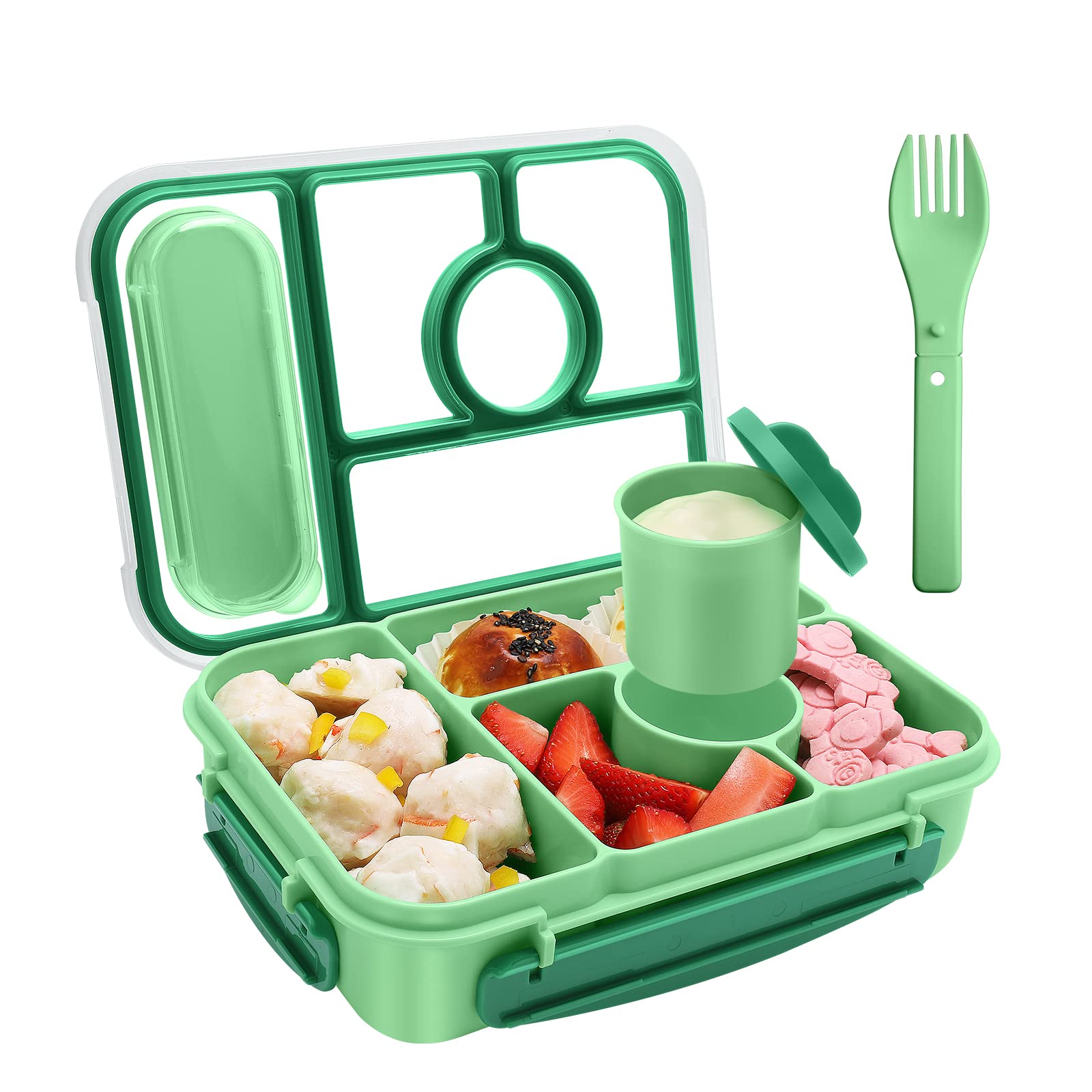 5-Compartment Bento Lunch Box for Adults & Kids - Microwave, Dishwasher & Freezer Safe with Sauce Containers | Perfect for School, Office, Picnics & Meal Prep (Green)