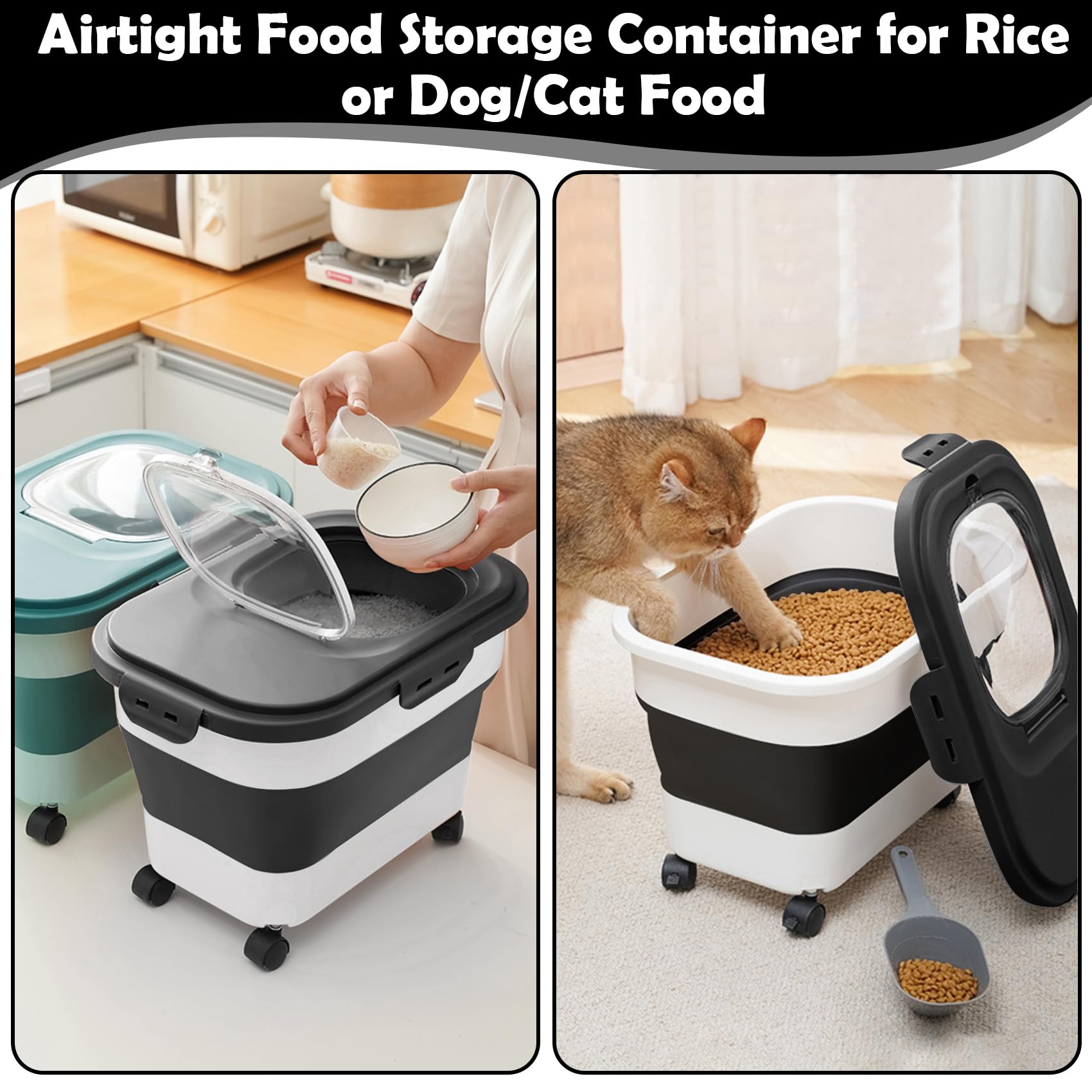 20Lbs Airtight Rice & Flour Storage Container with Wheels - Large Pet Food Dispenser Bin for Dog & Cat - Includes Scoop & Measuring Cup - Collapsible Kitchen Organizer for Cereal, Kibble & Dry Food - Perfect for Pantry, Kitchen & Pet Food Storage