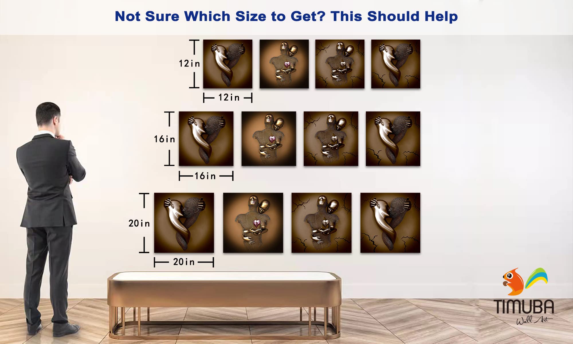 4 Piece Set 3D Canvas Wall Art - Love Heart Gray Modern Framed Painting, Hugging Couple & Kissing Design for Bedroom Decor (20