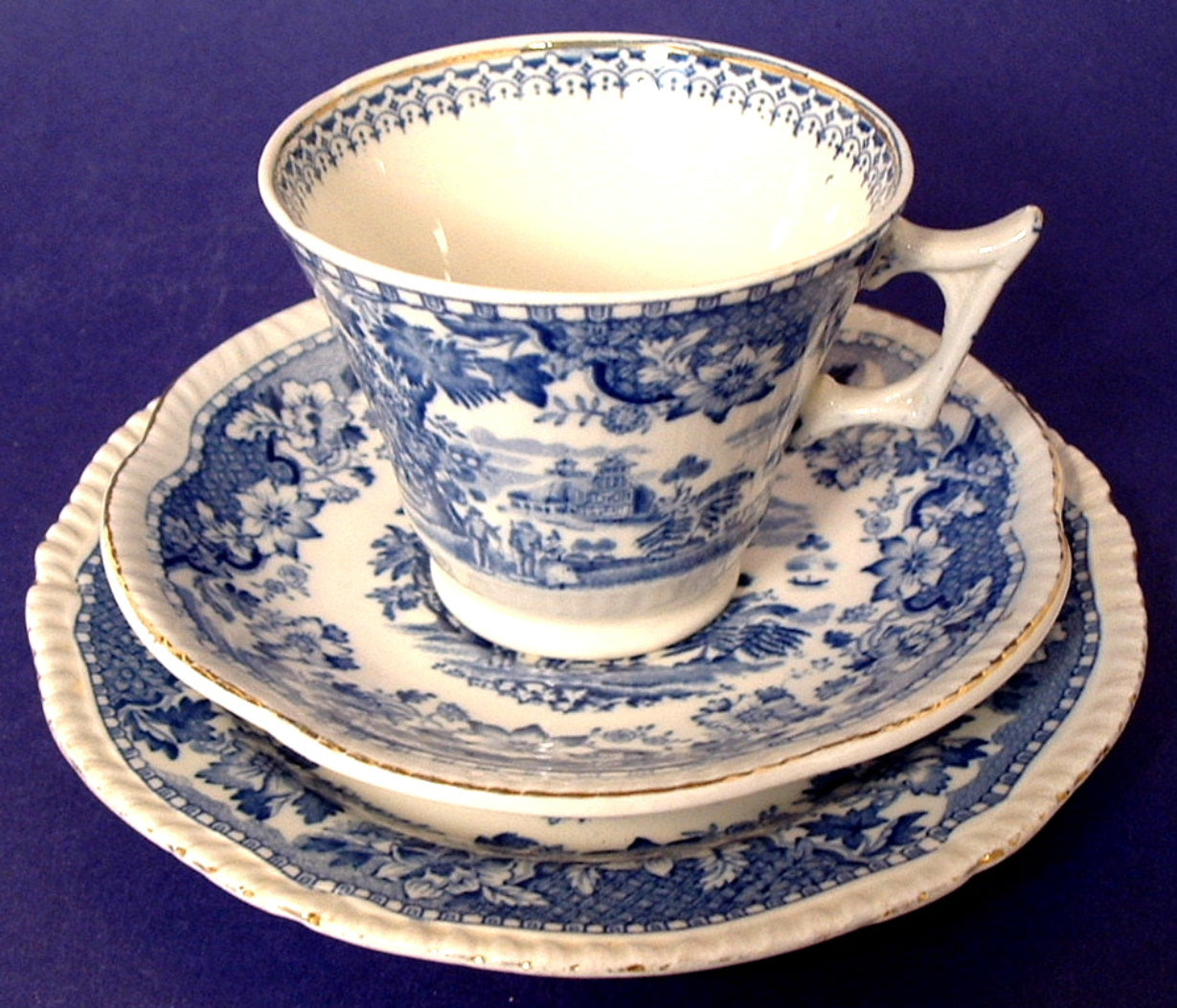 Vintage Blue and White Transferware Teacup Trio - Seaforth Wood Ironstone, 1880s Antique English China - Perfect for Afternoon Tea, Collecting, and Home Decor