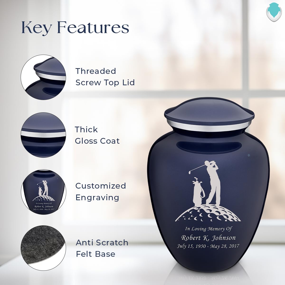 Personalized Golf Cremation Urns for Adults - Large Cobalt Blue Funeral Urn for Men & Women with Double Side Engraving - Holds 200 lbs - Perfect for Memorial Displays, Home Altars & Golf-Themed Memorial Services