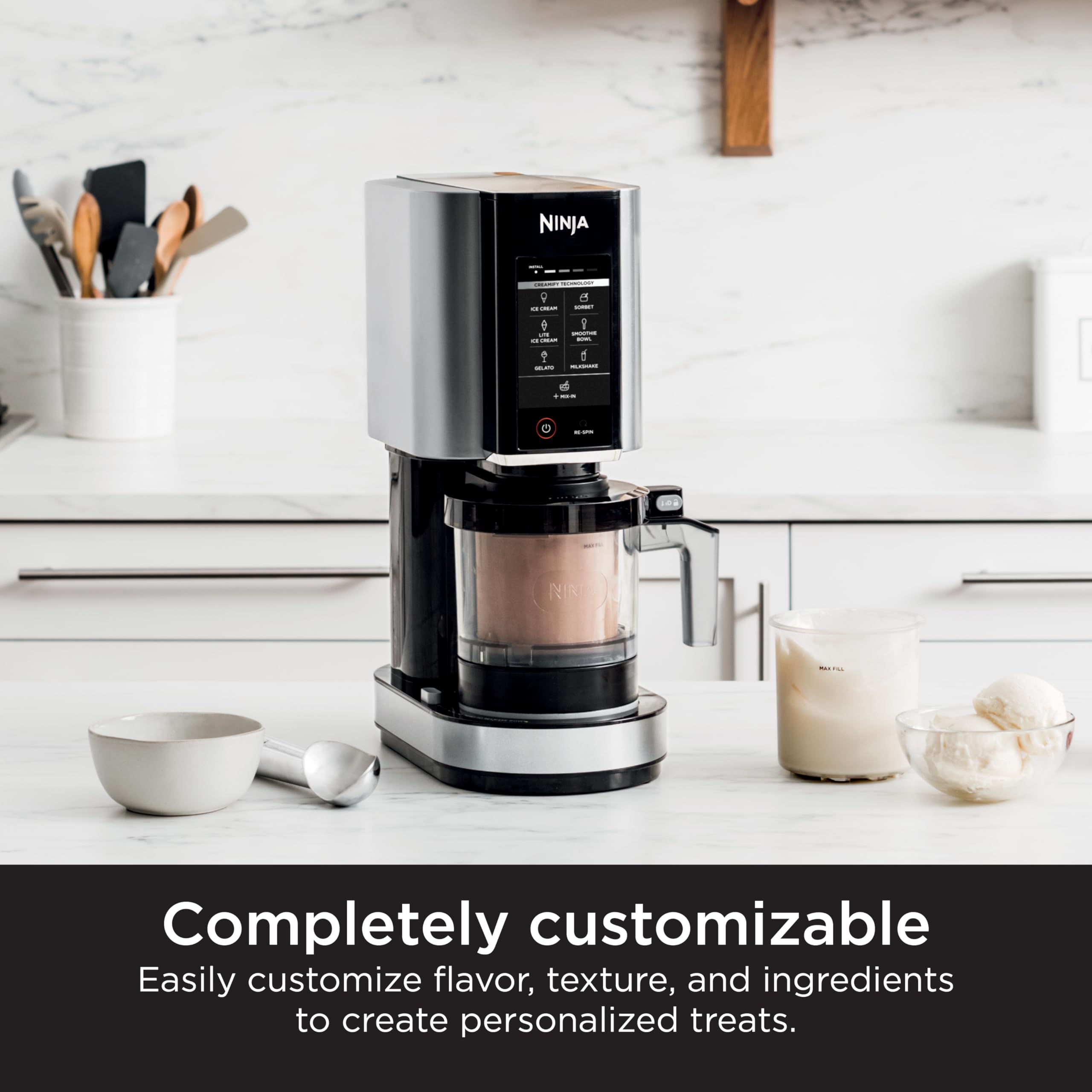 Ninja NC301 CREAMi Ice Cream Maker - 7 One-Touch Programs for Gelato, Sorbet, Milkshakes, Smoothie Bowls & More with 2 Pint Containers & Lids | Compact Frozen Dessert Machine for Home, Kitchen, Parties & Kids | Silver