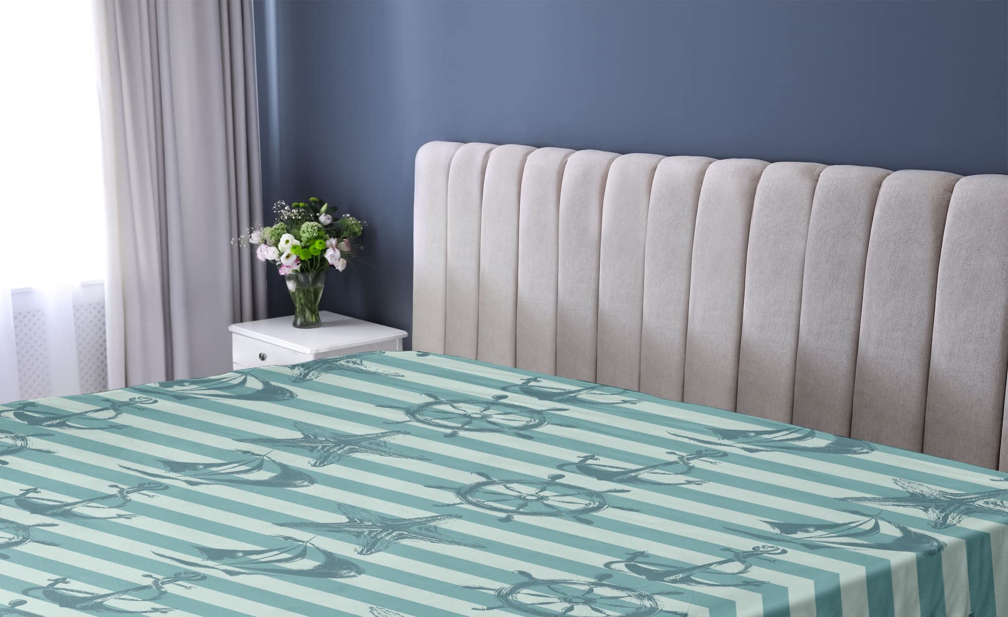 Ambesonne Ships Wheel Fitted Sheet - Retro Marine Pattern with Anchor & Starfish on Striped Background - Deep Pocket Elastic Twin XL Bed Sheet - Teal Beige - Perfect for Nautical Themed Bedrooms & Coastal Decor