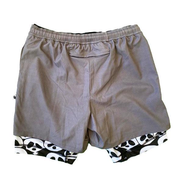 Men's 2-in-1 Compression Shorts with Solid Charcoal & Panda Print - Workout, Running & Gym Training Activewear