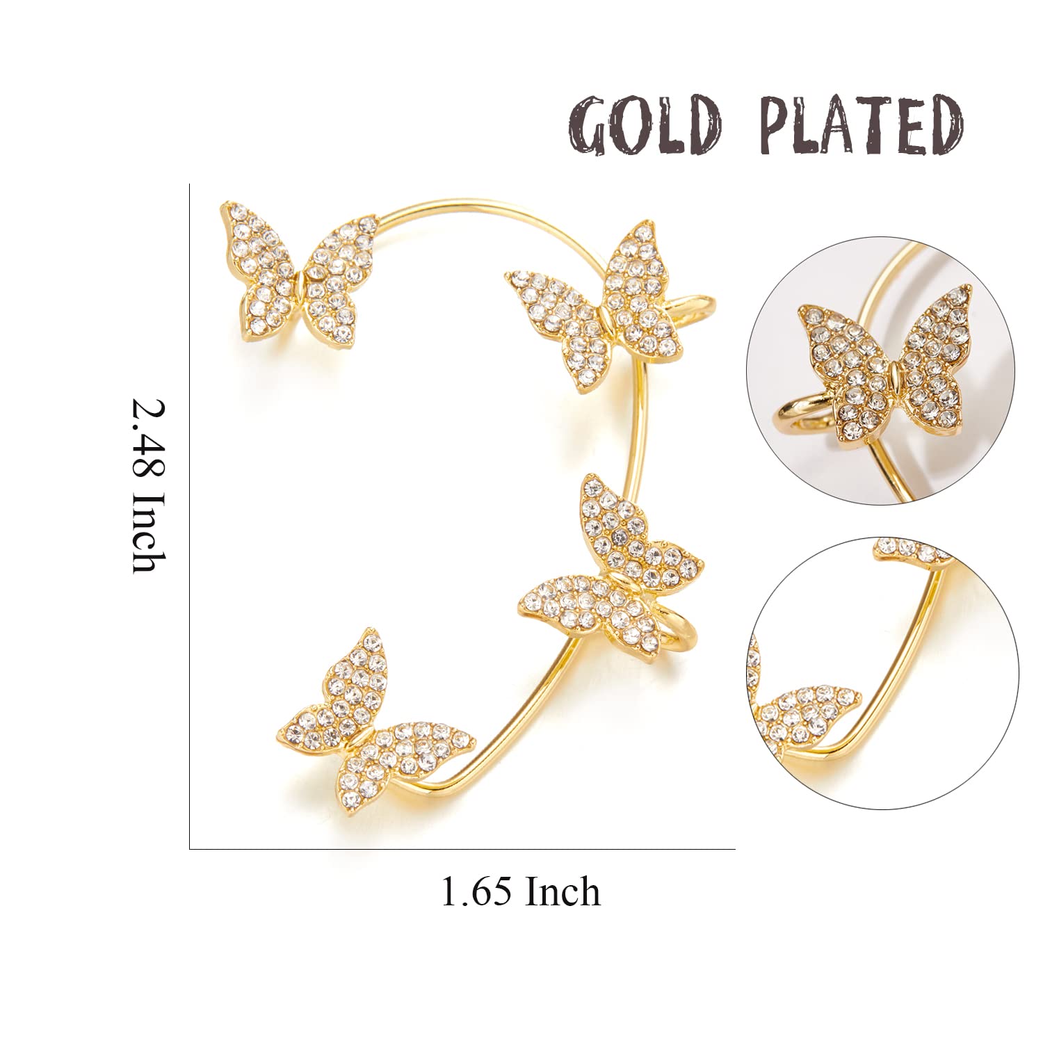 2PCS Zircon Butterfly Ear Cuff Earrings - Rhinestone Non-Pierced Wrap Around Ear Clips for Women & Teen Girls - Perfect for Parties, Weddings & Everyday Wear