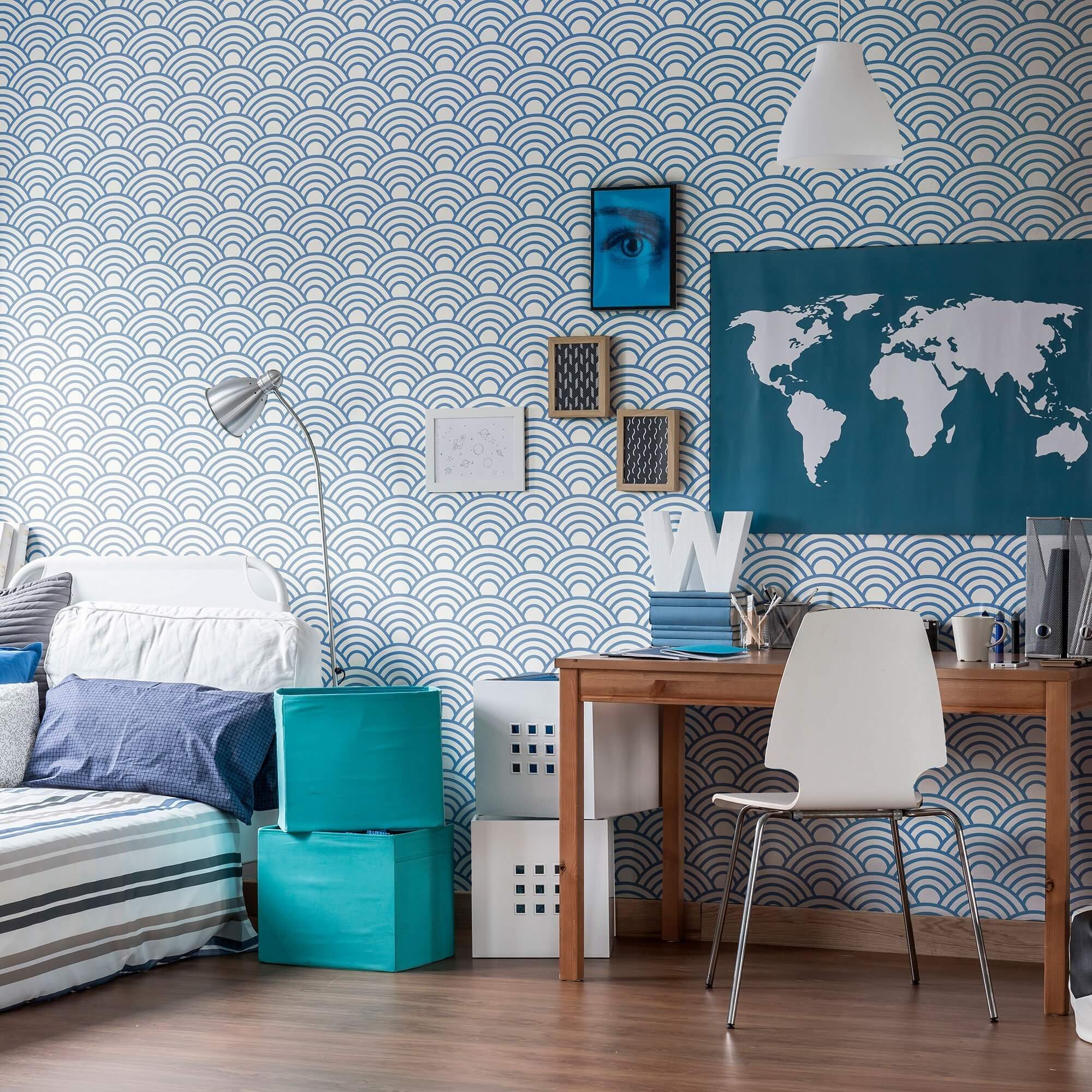 Blue Circles Geometric Peel and Stick Removable Wallpaper - Self-Adhesive Decorative Wall Covering for Bedroom, Living Room, Nursery & Office Decor