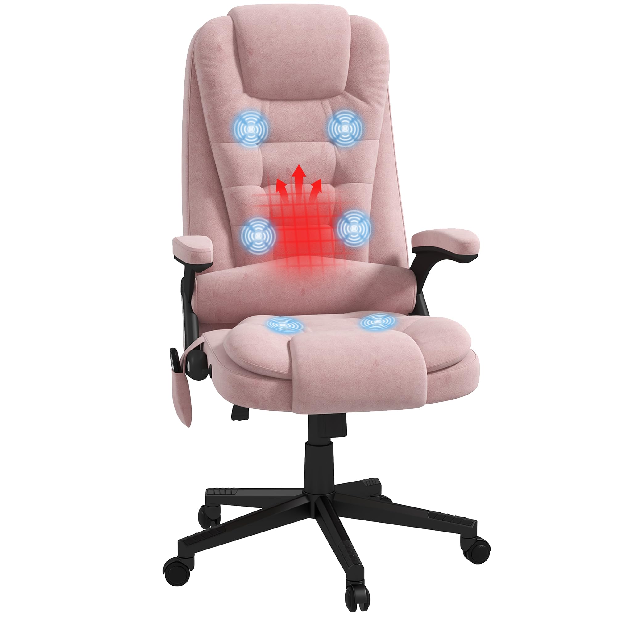 HOMCOM 6-Point Vibrating Massage Office Chair with Heat - Velvet High Back Executive Chair, Reclining Backrest & Padded Armrests - Remote Control - Pink - Perfect for Home Office, Gaming & Relaxation