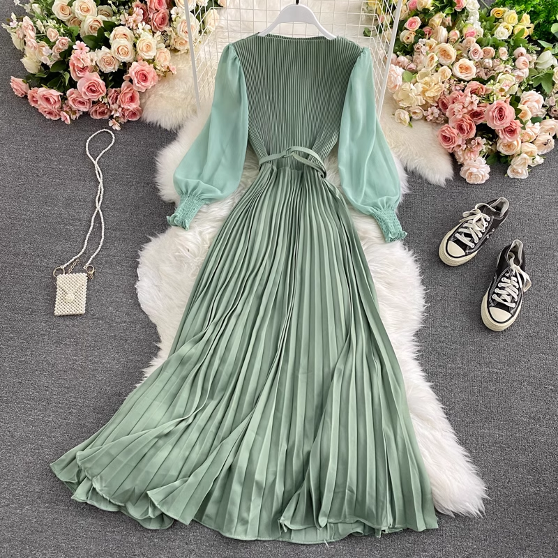 High Waist Round Neck Swing Dress - Elegant Pleated Long Skirt for Women | Spring & Autumn Fashion | Perfect for Office, Party & Casual Wear