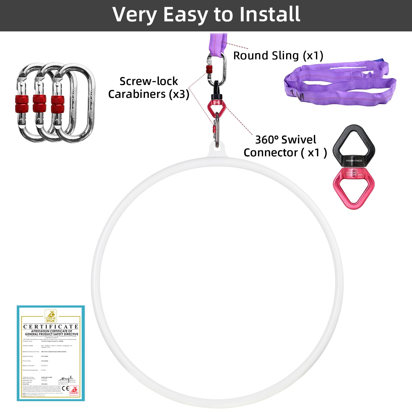 PRIOR FITNESS Aerial Hoop Set - Professional Circus Lyra Hoop Kit with Complete Rigging Hardware for Home Gym, Yoga & Dance | Acrobatics Equipment for Indoor Fitness, Aerial Arts Training & Circus Performances