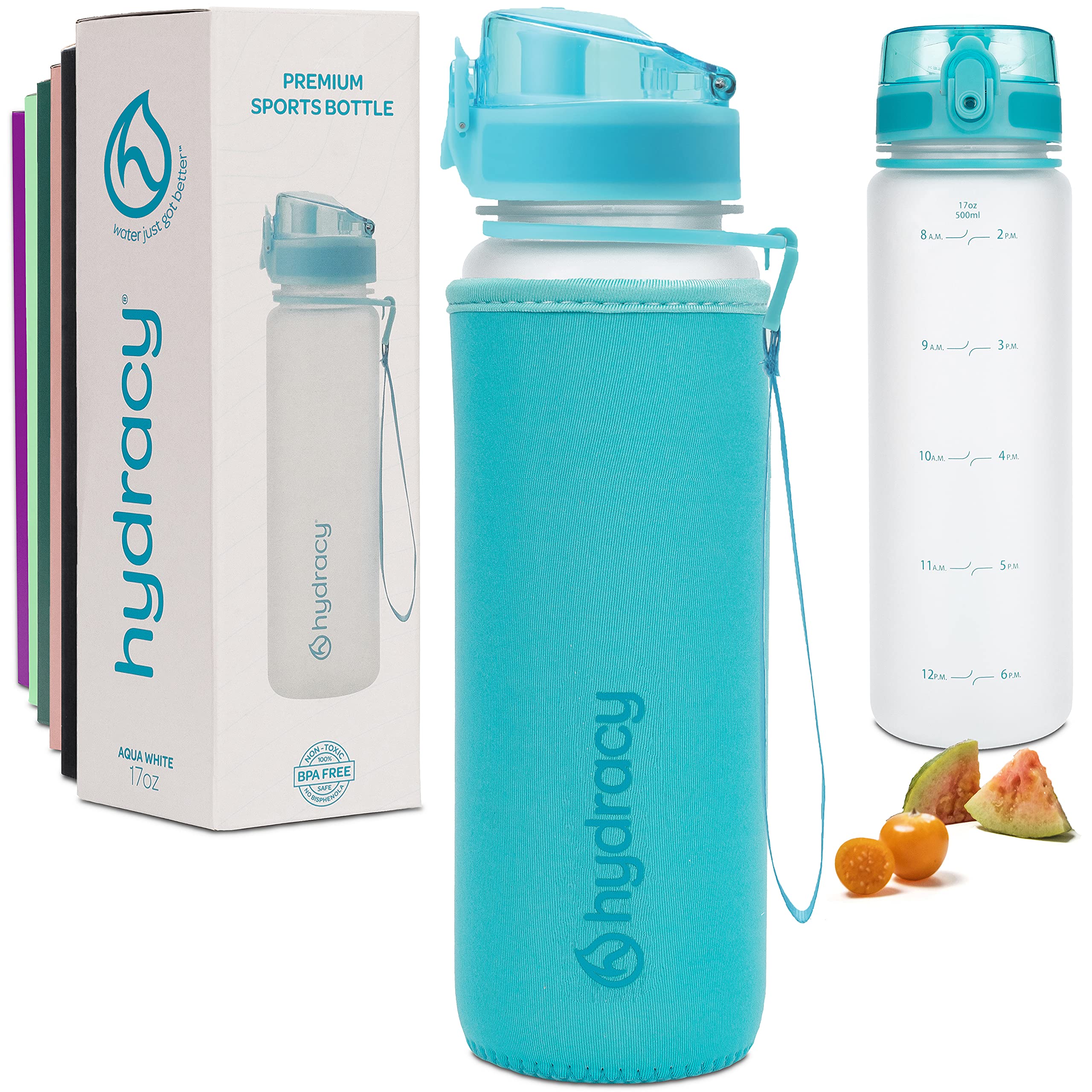Hydracy 500ml (17oz) BPA-Free Water Bottle with Time Marker - Leakproof Gym Bottle with Fruit Infuser Strainer - No Sweat Design for Fitness, Sports & Outdoor Activities - Perfect Gift for Athletes & Health Enthusiasts (Aqua White) - Stay Hydrated During Workouts, Hiking & Daily Commute