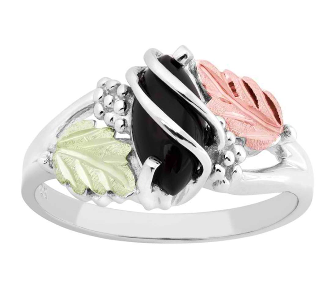 Elegant Marquise Onyx Double Wrap Ring - Sterling Silver with 12k Green & Rose Black Hills Gold Accents - Perfect for Weddings, Parties & Special Occasions