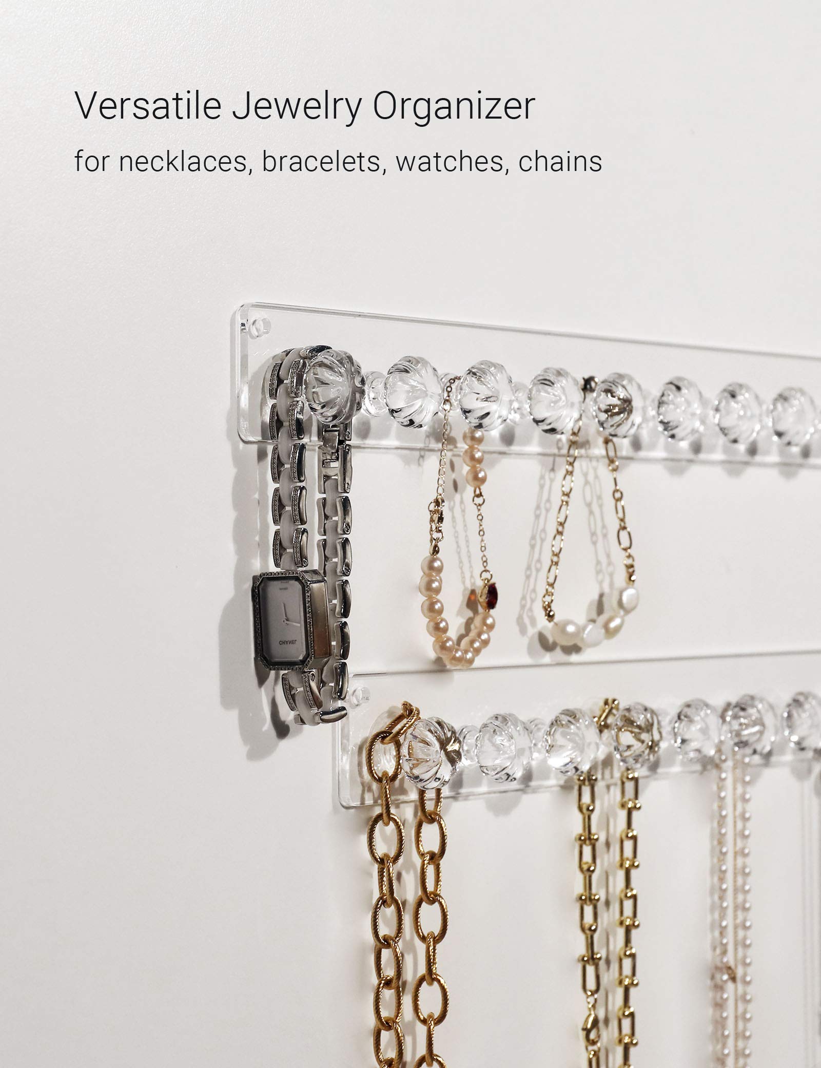 Zreal Acrylic Necklace Holder & Wall Jewelry Organizer - 10 Seashell-Shaped Hooks for Necklaces, Bracelets & Earrings (2-Pack Clear) - Perfect for Bedroom, Bathroom & Closet Organization