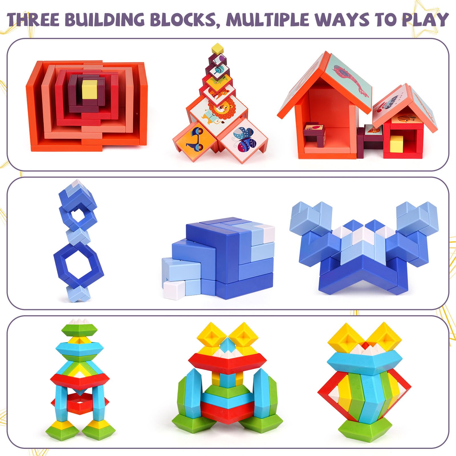 Agirlgle 3-in-1 Stacking Building Blocks - Montessori Educational Toys for Toddlers | STEM Sensory Learning Pyramid, Changing Cube & Puzzle Geometric Blocks | Preschool Activities, Birthday Gifts for Kids | Perfect for Classroom, Daycare & Home Playtime