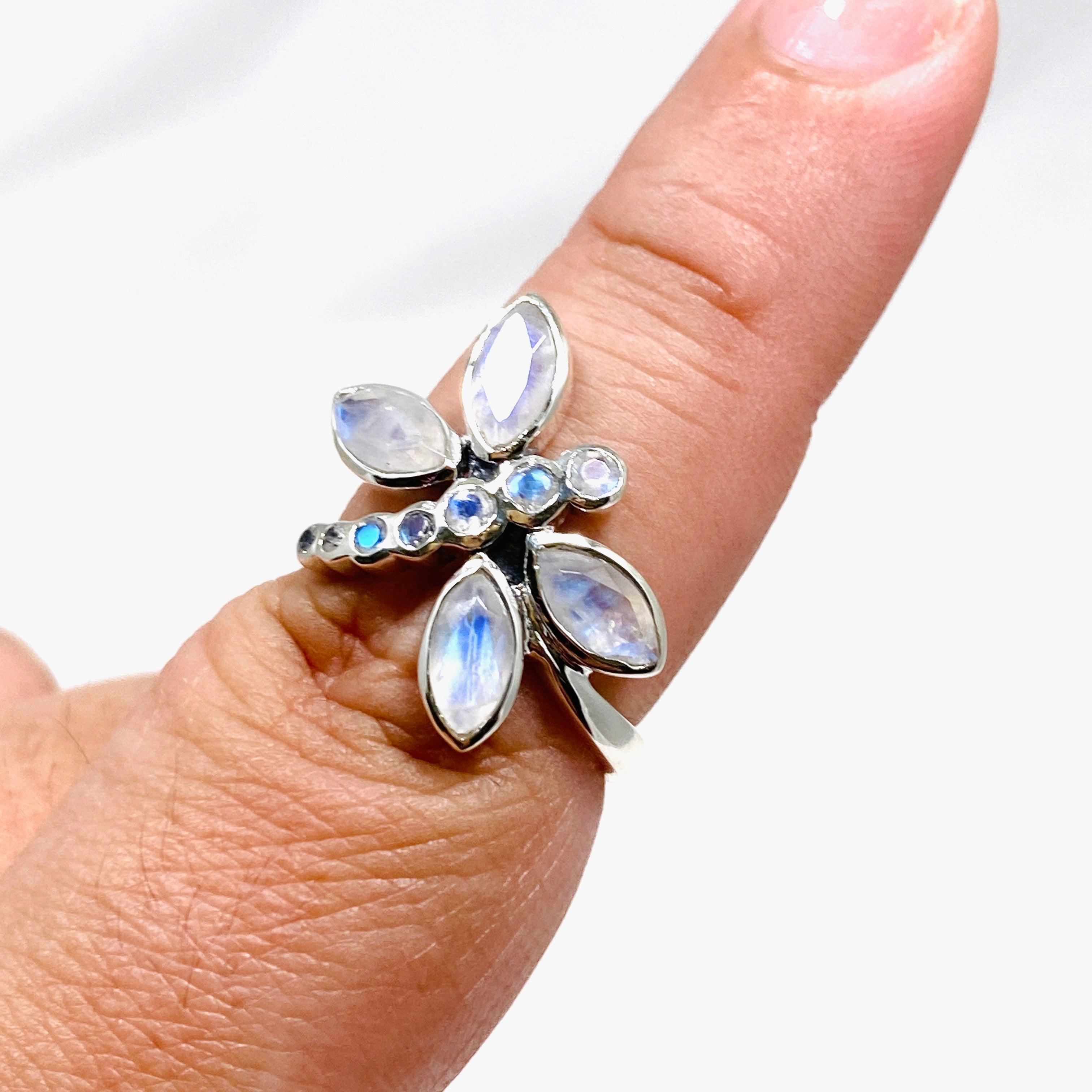 Faceted Moonstone Dragonfly Ring R3887 - Elegant Bohemian Jewelry for Women, Perfect for Weddings, Parties & Everyday Wear