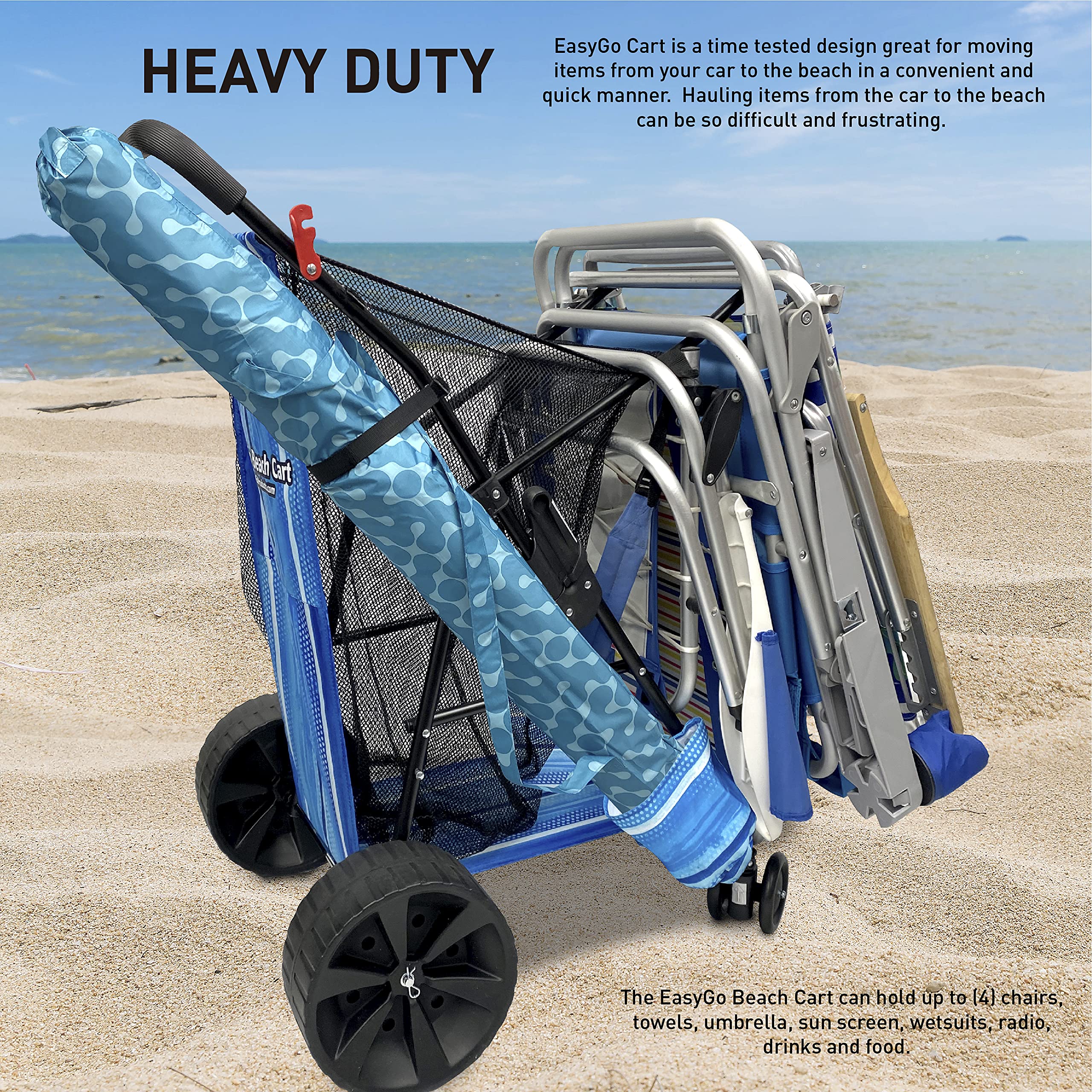 Premium Heavy Duty Folding Beach Cart with Large Sand Wheels - Holds 4 Chairs & Umbrella, Removable Storage Bag (Blue Striped) - Perfect for Beach Trips, Camping, Picnics & Outdoor Adventures
