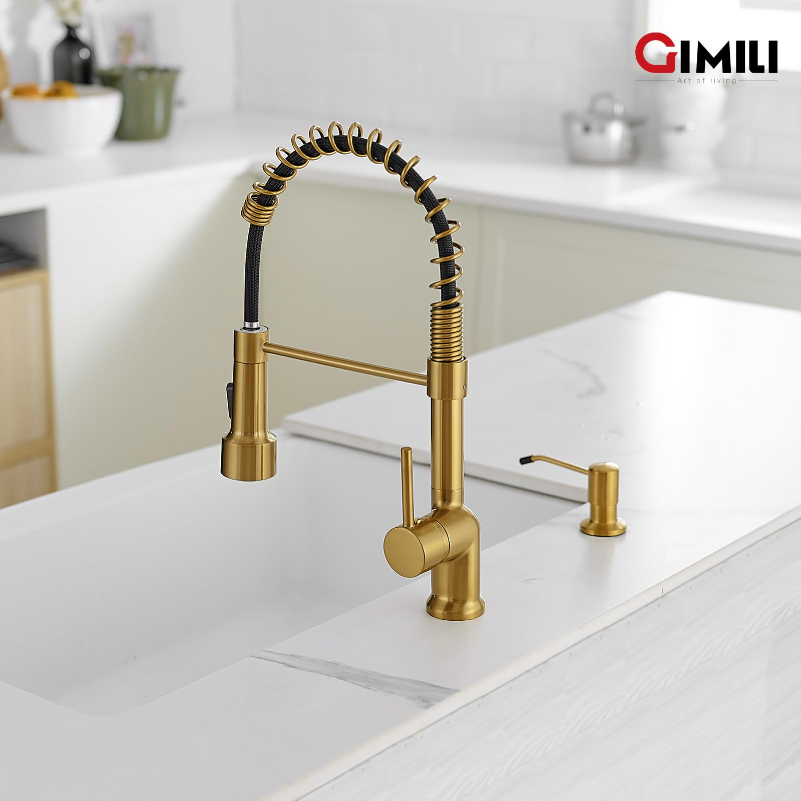 Premium GIMILI Gold LED Kitchen Faucet with Soap Dispenser - Modern Single Handle Pull Down Sprayer Sink Faucet for Contemporary Kitchens | Perfect for Cooking, Washing Dishes & Home Renovation