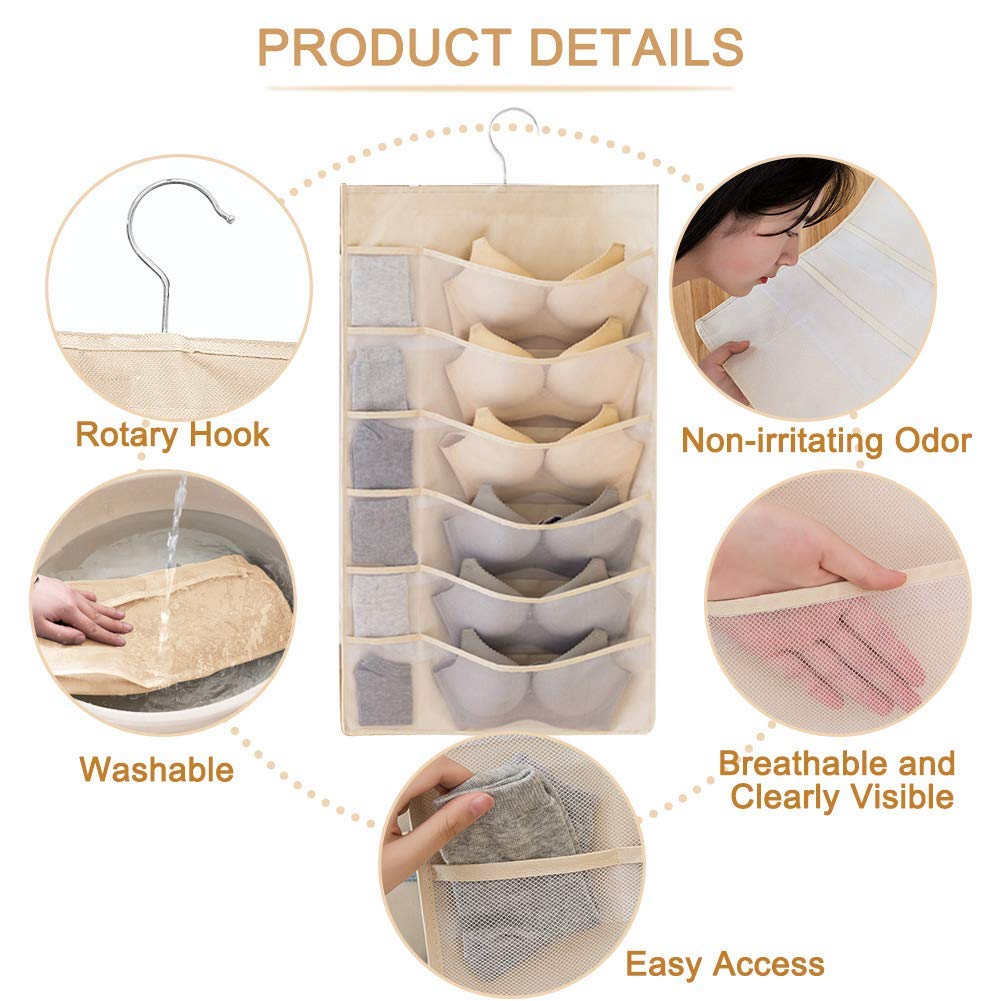 KAnduo Dual-Sided 30-Pocket Hanging Closet Organizer - Mesh Wall Shelf Wardrobe Storage for Underwear, Socks, Bras & Stockings with Metal Hanger | Perfect for Bedroom, Closet & Dorm Organization