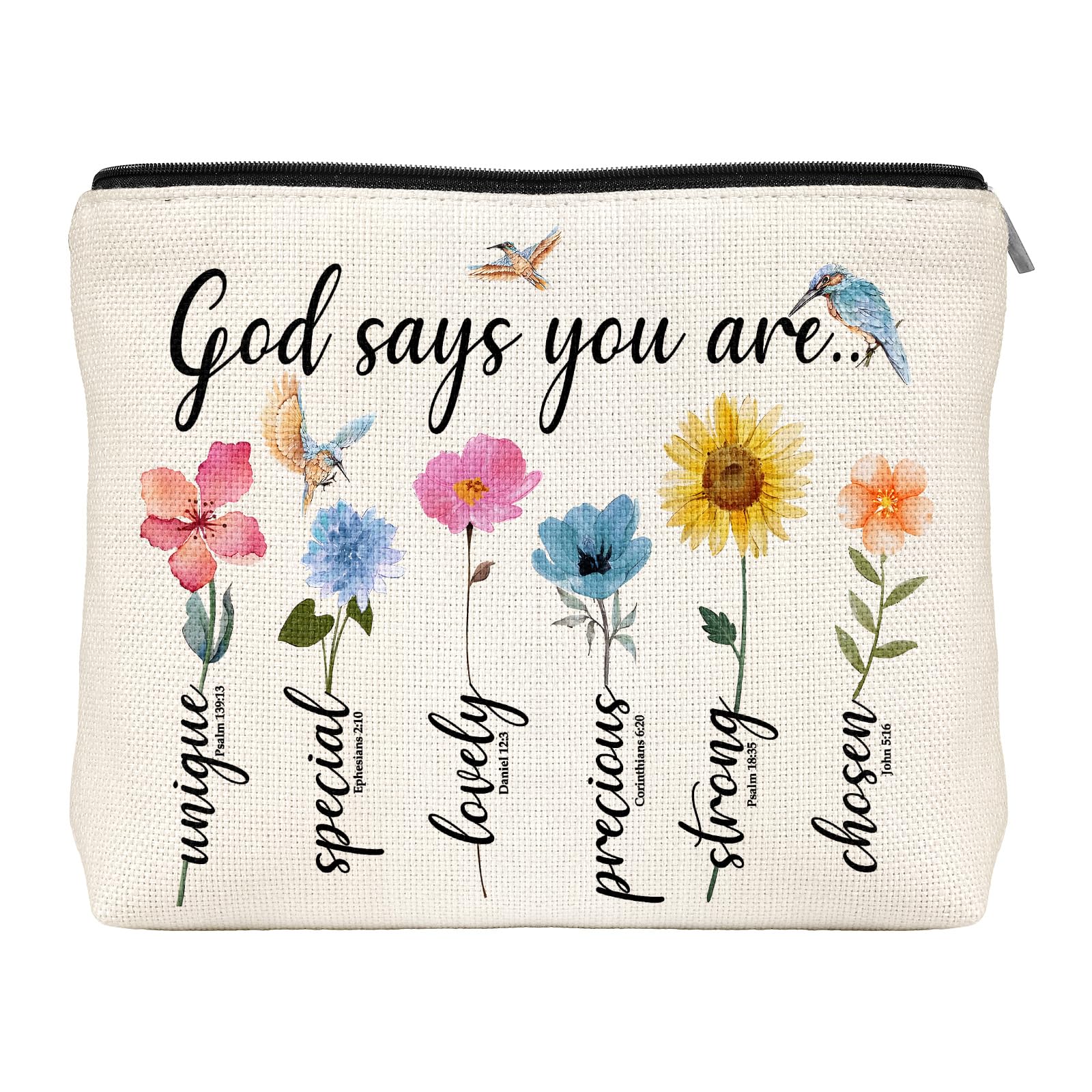 God Says You Are Makeup Bag - Inspirational Bible Verse Cosmetic Pouch, Christian Gift for Women, Encouragement Present with Floral Bird Design - Perfect for Church, Bible Study, Birthday & Daily Use