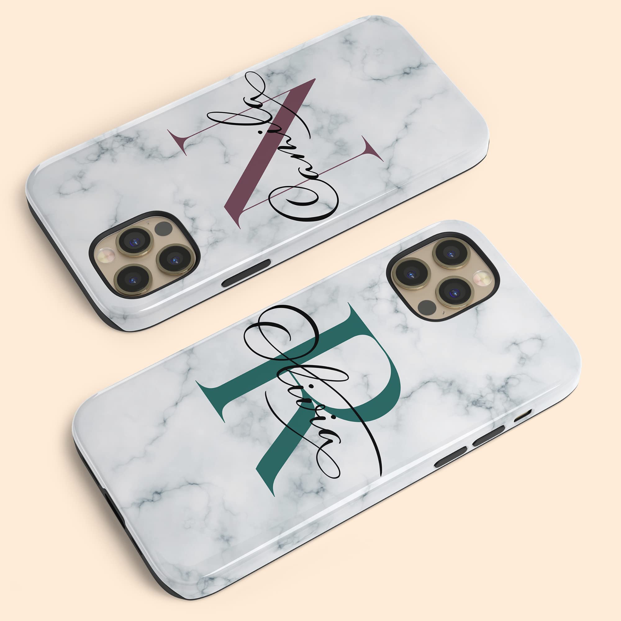 Personalized White Marble Monogram Phone Case - Custom Initial Name Engraved Cover for iPhone 16 Plus/15 Pro Max/14/13 Mini/12/11/X/XS Max/XR/7/8 - Elegant Protection for Work, Travel & Daily Use
