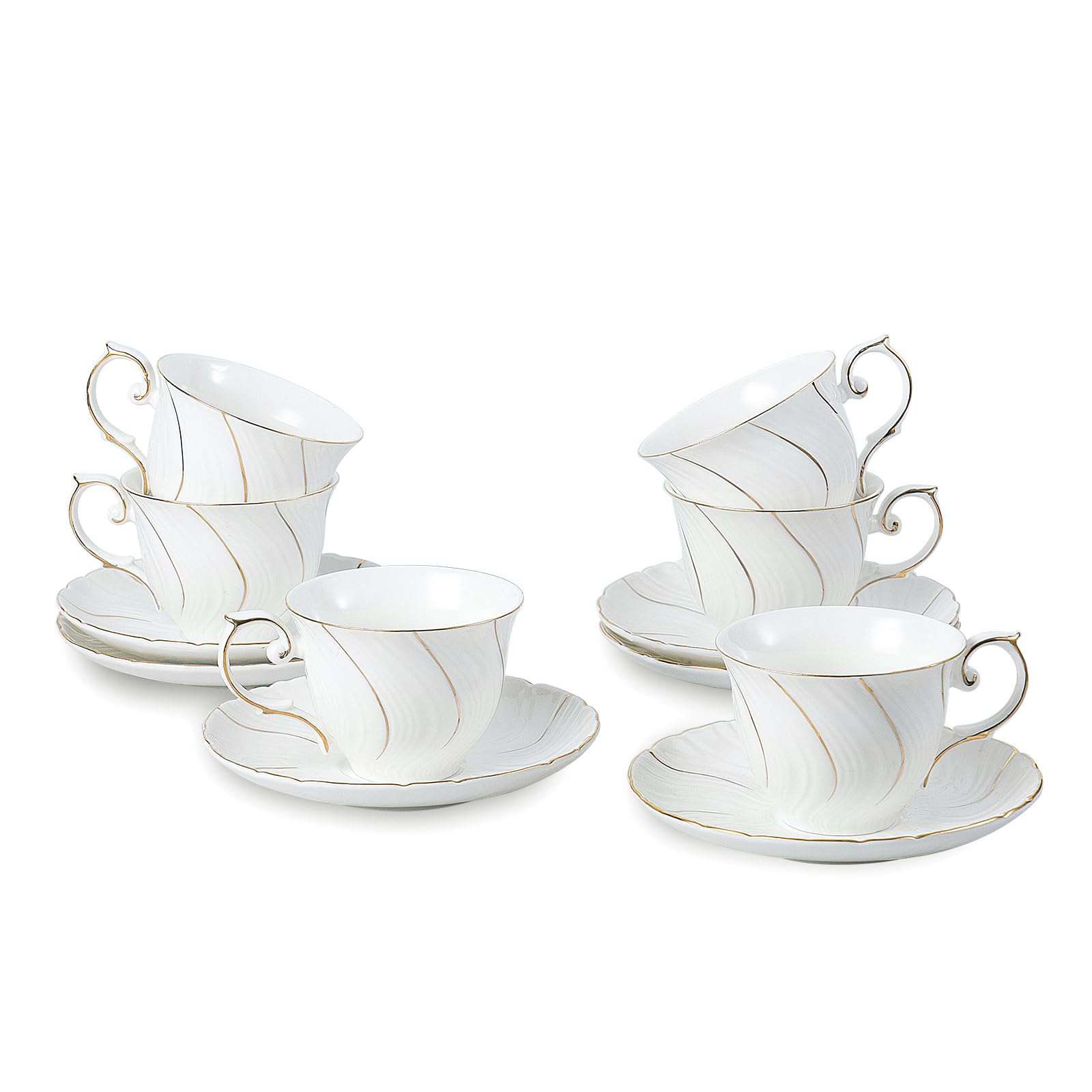 6-Piece Porcelain Tea Cup and Saucer Set - 6oz Elegant White with Gold Trim for Tea, Coffee, Latte, Mocha - Perfect for Afternoon Tea Parties, Bridal Showers, and Cafe Dining