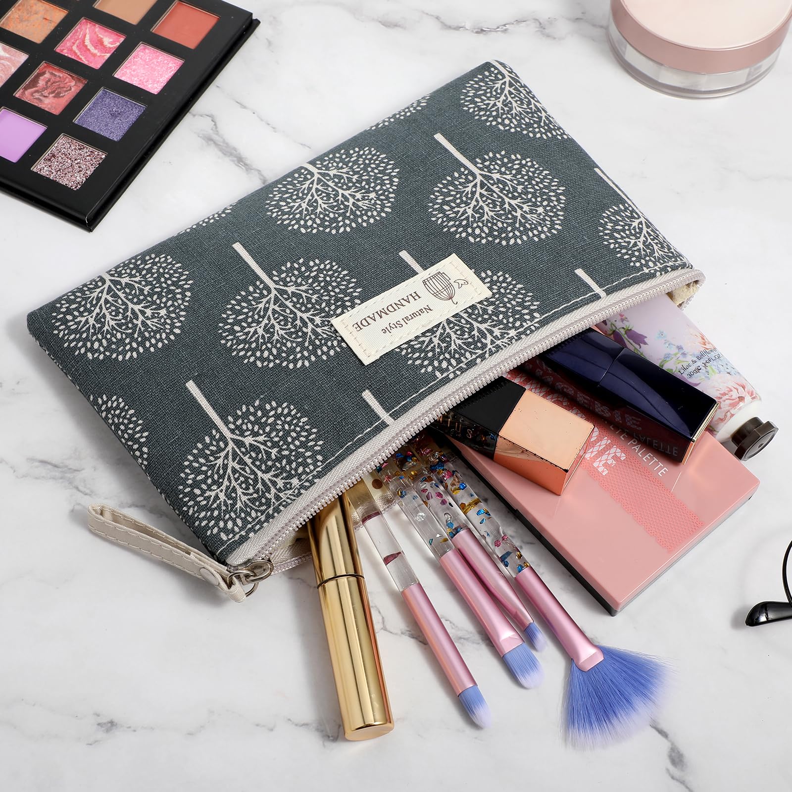 Small Canvas Cosmetic Bag - Travel Makeup Organizer & Toiletry Pouch with Zipper - Multi-Functional Storage for Lipstick, Brushes, Beauty Tools (8.6x5.5 Inch, Wishing Tree Design) - Perfect for Travel, Gym, Daily Essentials & Gift Giving