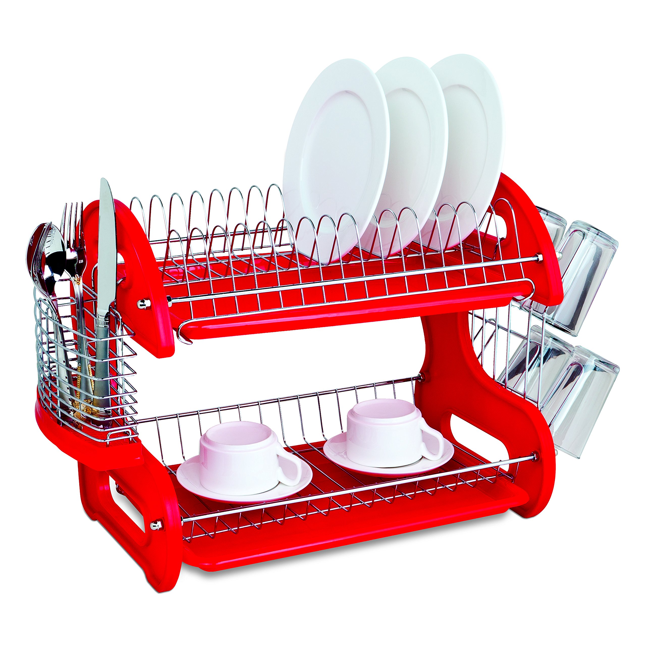 2-Tier Dish Rack with Cutlery Holder & Cup Slots - Space Saving Kitchen Organizer for Countertops